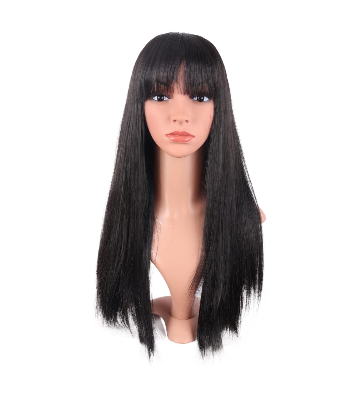 MapofBeauty 22 Women Long Straight Synthetic Wig with Flat Bangs - Heat Resistant Fiber for Party, Cosplay (Black) - Buy Online on GoSupps.com