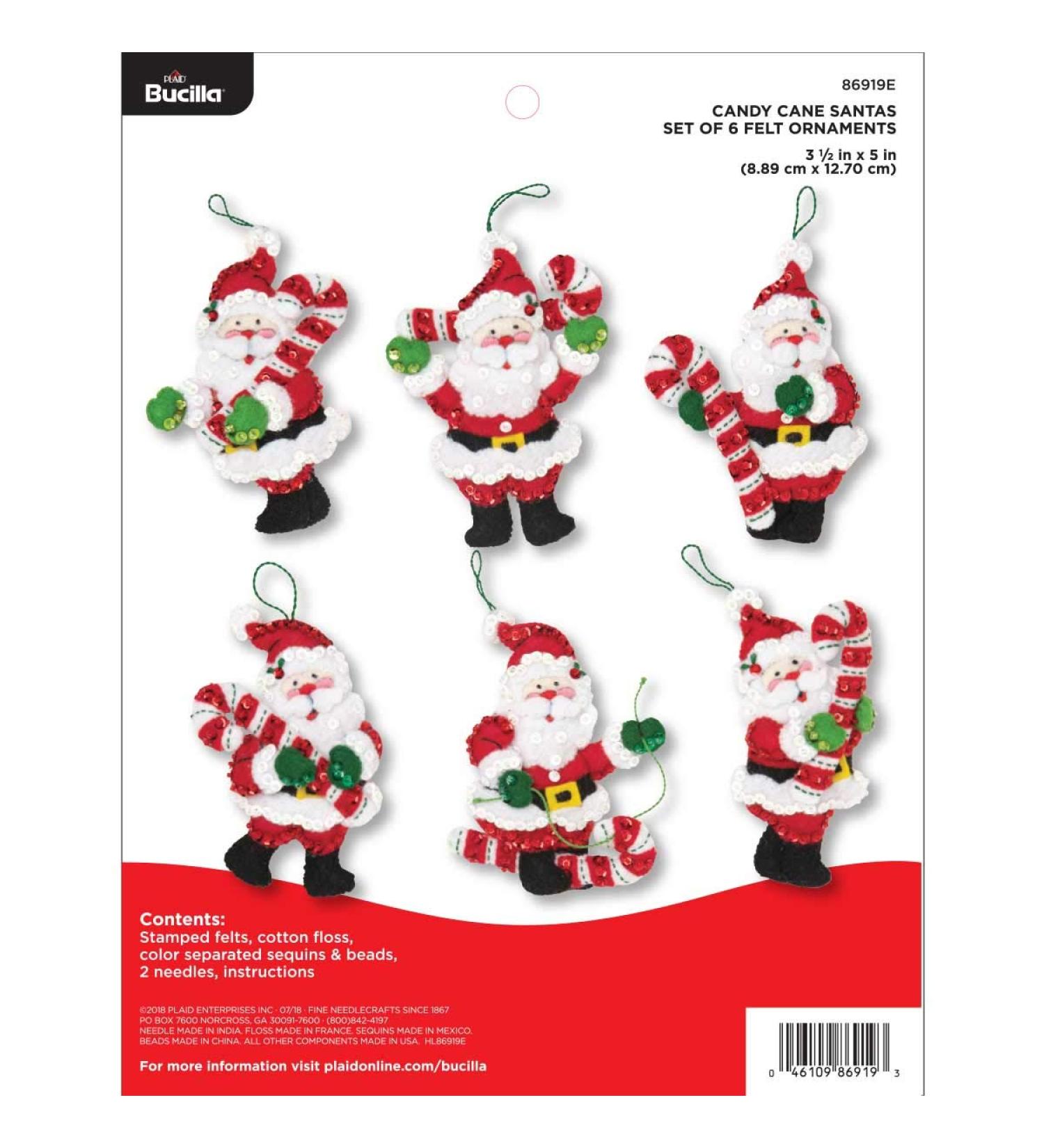 Bucilla Felt Applique Ornament Kit - 6pc Candy Cane Santa - 3.5 x 5 - DIY Holiday Crafts - Buy Online on GoSupps.com