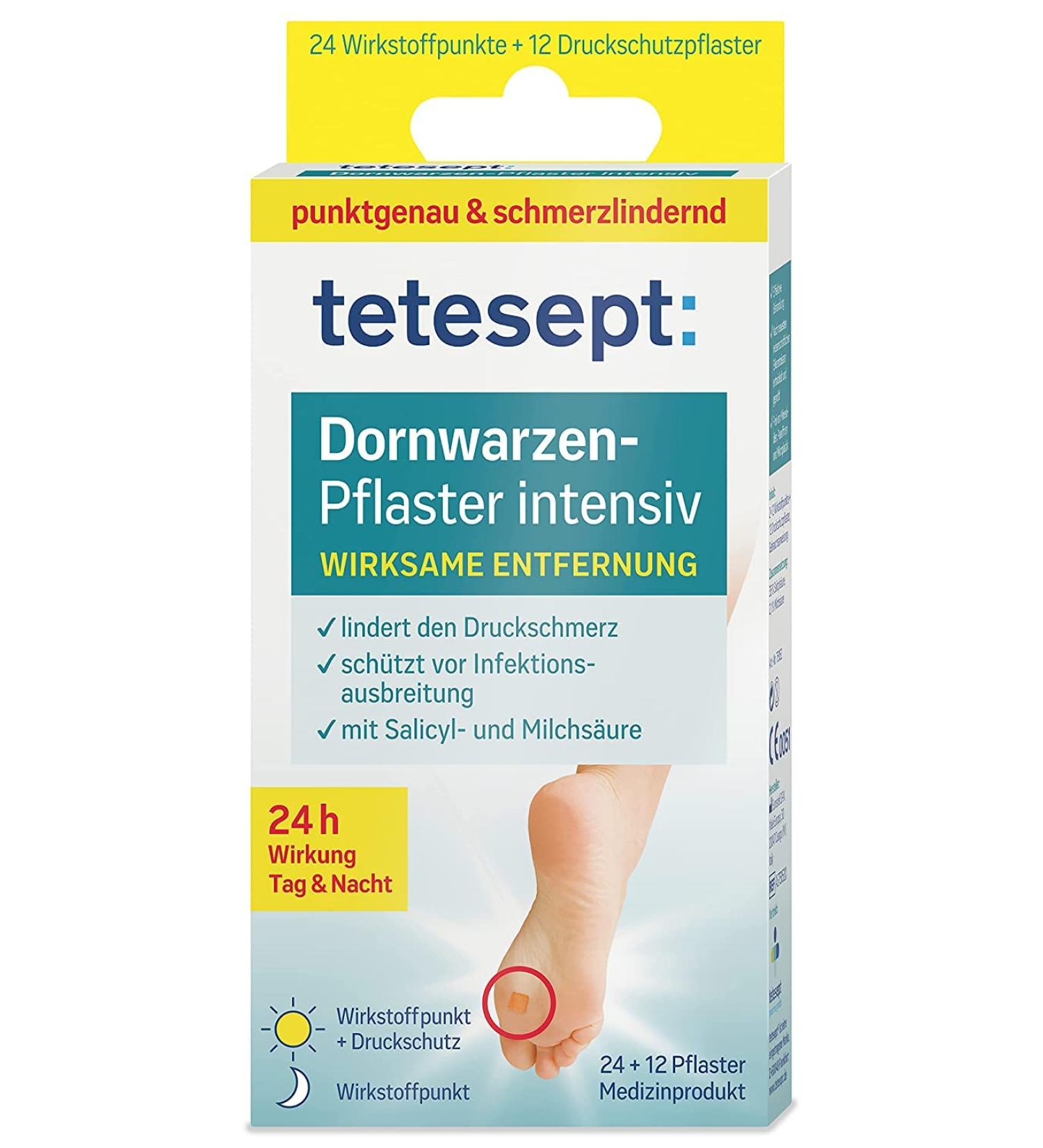Tetesept Wart Removal Patches - Effective Thorn Wart Treatment with Salicylic Acid & Milk - 2x12 Active Points + 12 Protective Plasters - Buy Online on GoSupps.com