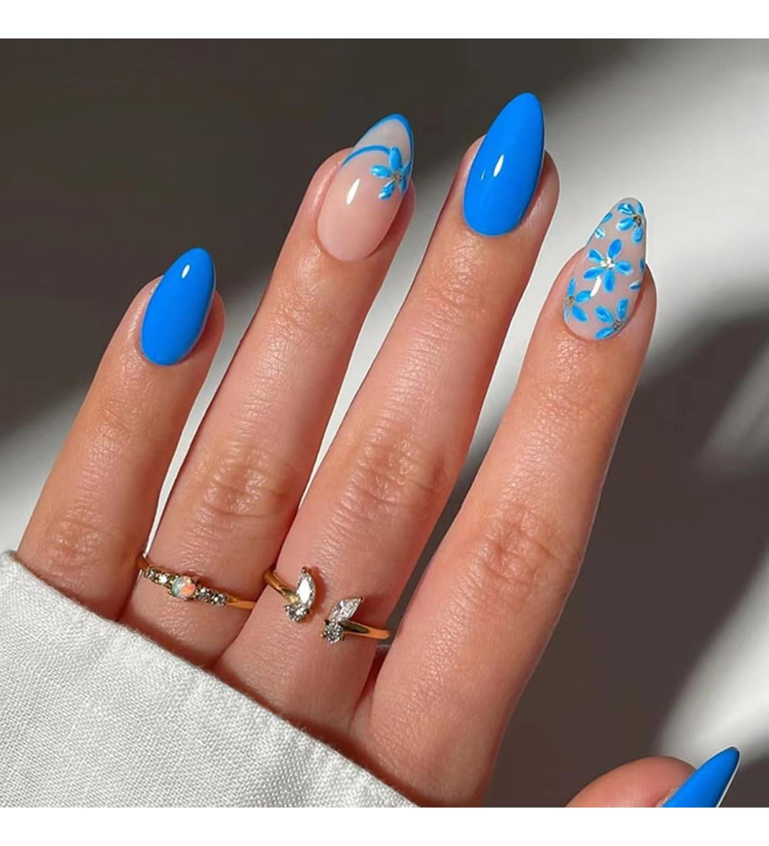 30 Pcs Blue Pink Press on Nails - SHANRUN Glitter Extra Short Almond Nail Art Tips | Full Cover Acrylic False Nails with Cat's Eye Flowers Design - Buy Online on GoSupps.com