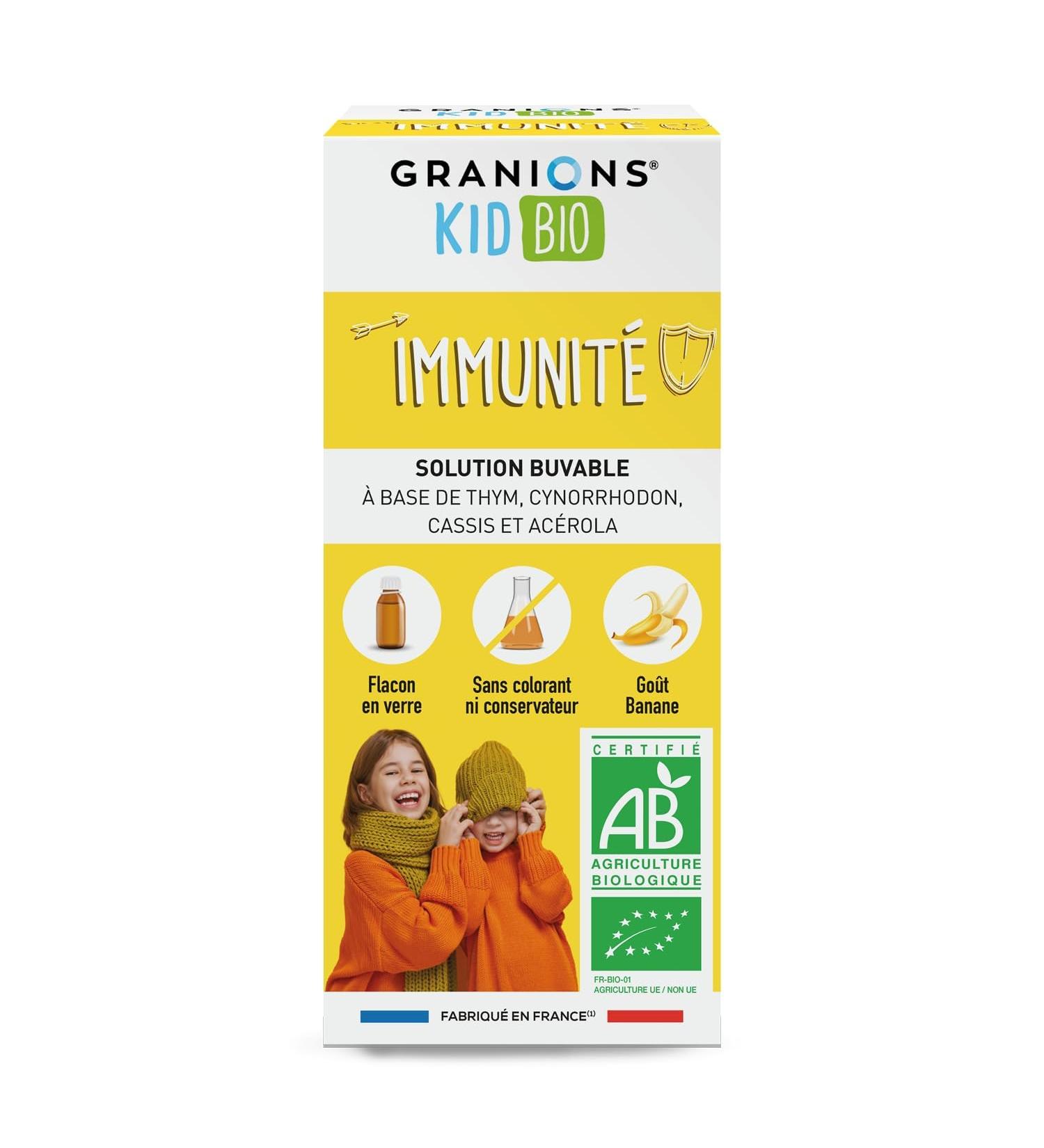 GRANIONS KID BIO IMMUNITY - Certified Organic - Banana Flavor - Stimulates the body's resistance - Natural formula based on agave syrup - From an early age - Bottle 125 ml - Made in France - Buy Online on GoSupps.com