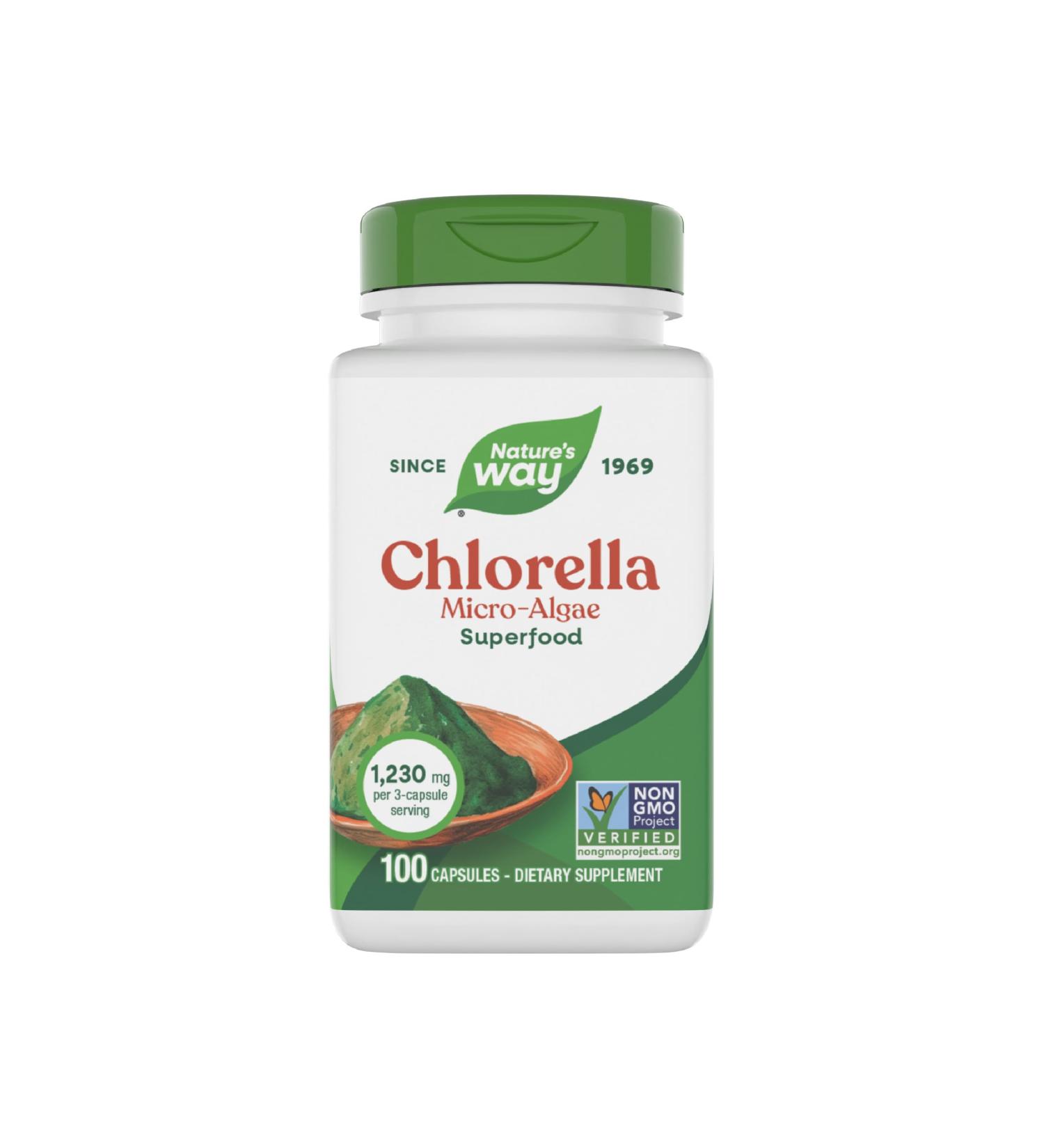 Nature's Way Chlorella Micro-Algae Superfood Supports Antioxidant Pathways* 1 230 mg per 3-Capsule Serving Vegetarian Non-GMO Project Verified 100 Capsules (Packaging May Vary) - Buy Online on GoSupps.com
