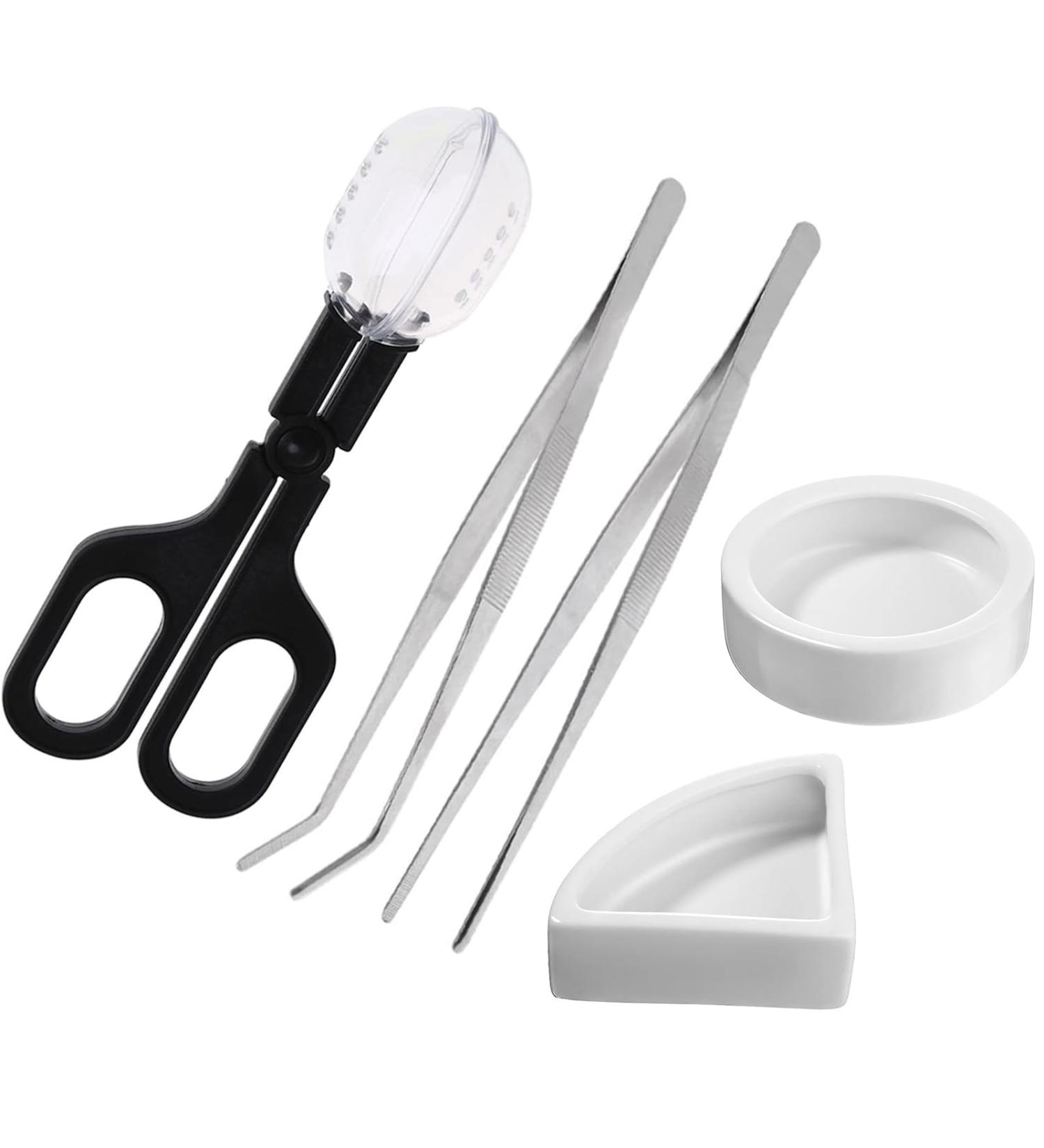 Yitaocity 5in1 Reptile Feeding Tongs Cricket Clamp Bug Scooper + 2X Tweezers +2X Reptile Water Food Dish Bowl for Hamsters Lizard Spider Bearded Dragon (White Bowl) - Buy Online on GoSupps.com