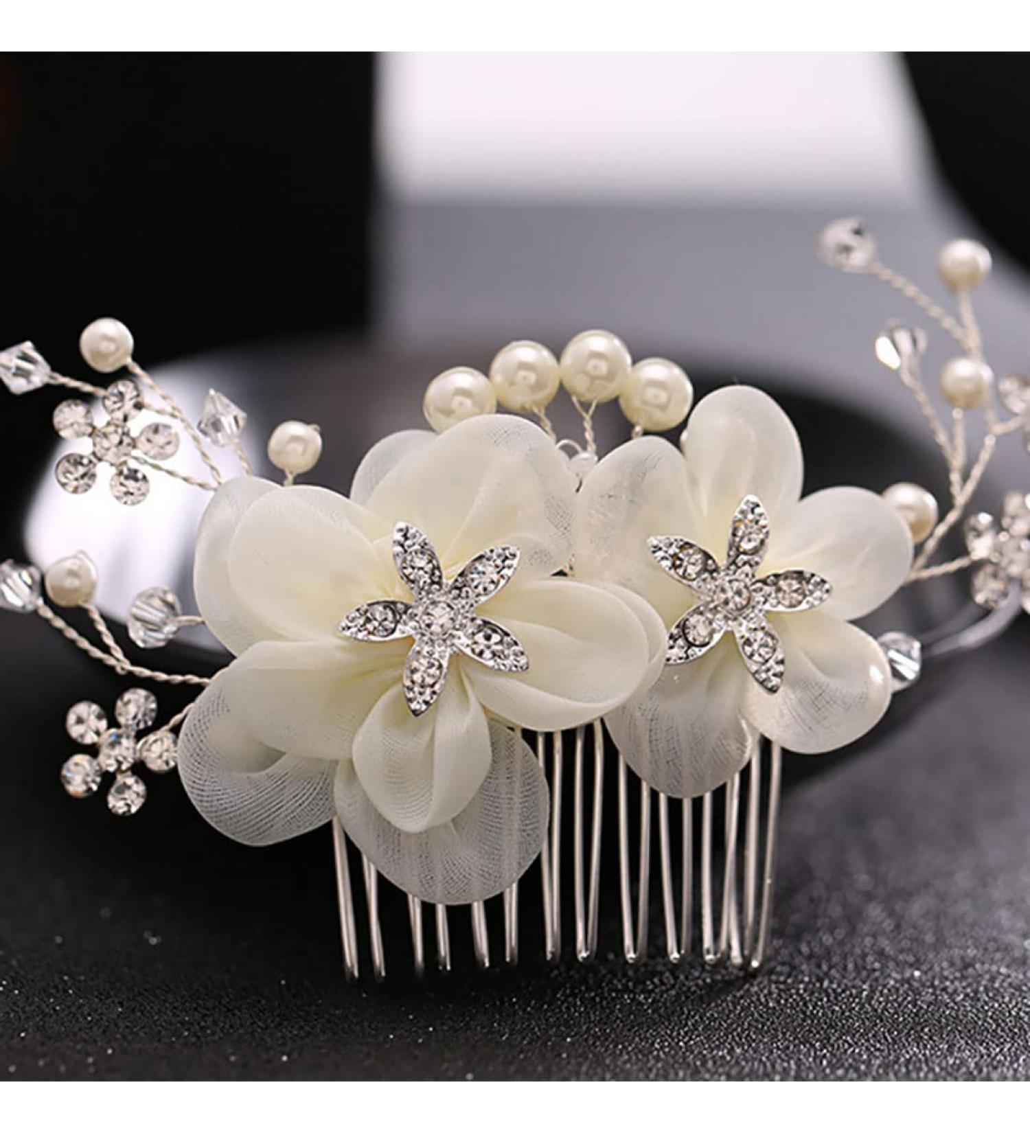 JUSTUSNX Silver Bride Wedding Headpiece Pearl Flower Hair Comb Accessories Crystal Hair Pieces Headband for Women and Girls - Buy Online on GoSupps.com