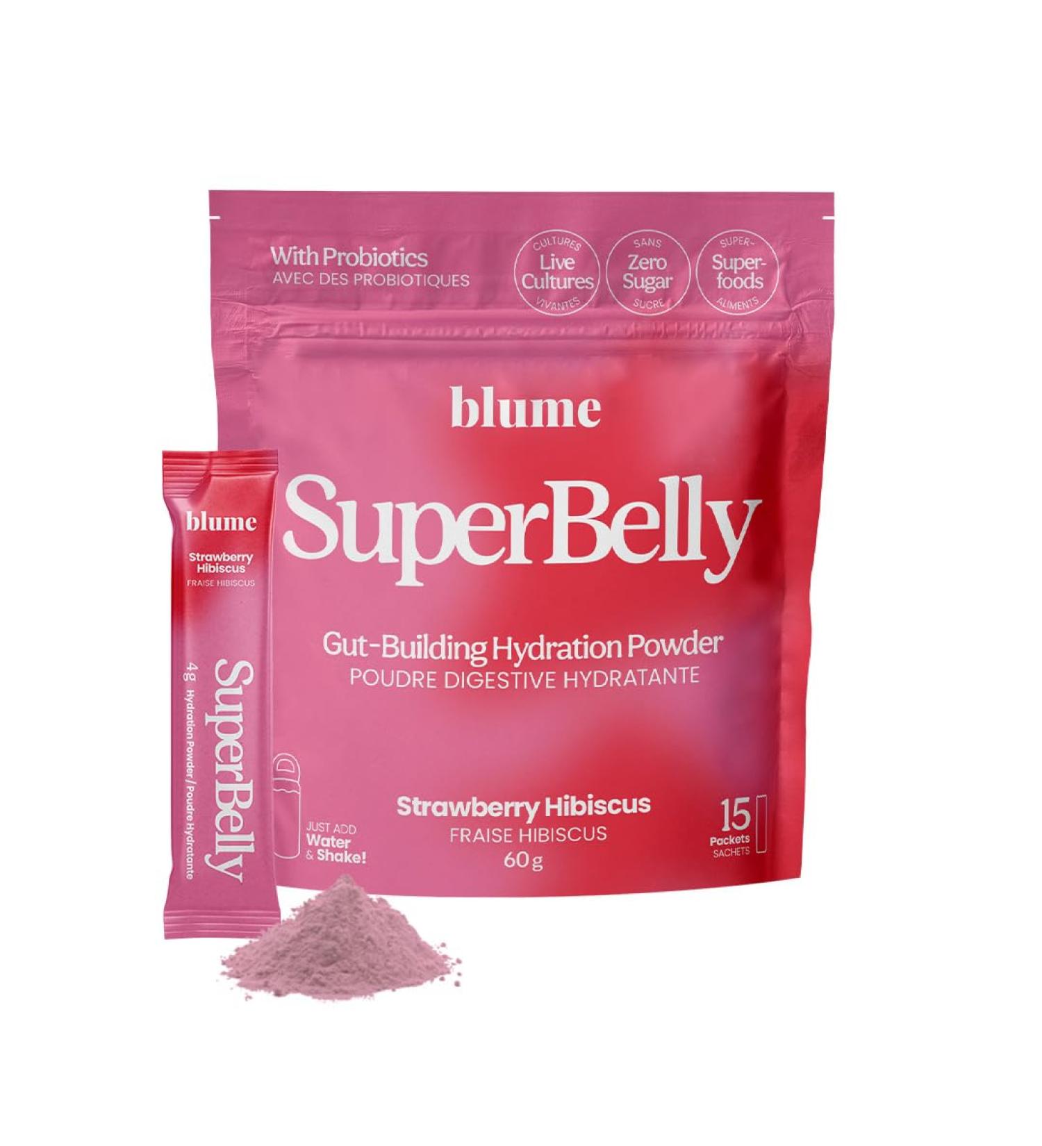 Blume SuperBelly Gut Health Hydration Packets Sugar-Free with Prebiotics Probiotics Apple Cider Vinegar and Electrolytes Strawberry Hibiscus 15 Sticks - Buy Online on GoSupps.com