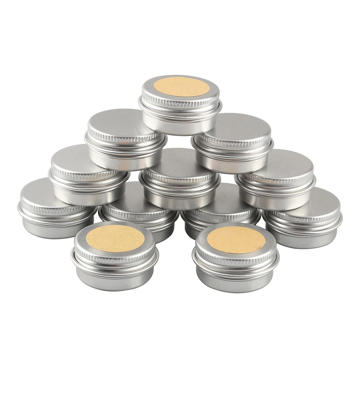 Buy 12-Pack Silver Aluminum Screw Cap Candle & Cosmetic Cans | 10ml Round Tin Boxes with Stickers - International Shipping - Buy Online on GoSupps.com