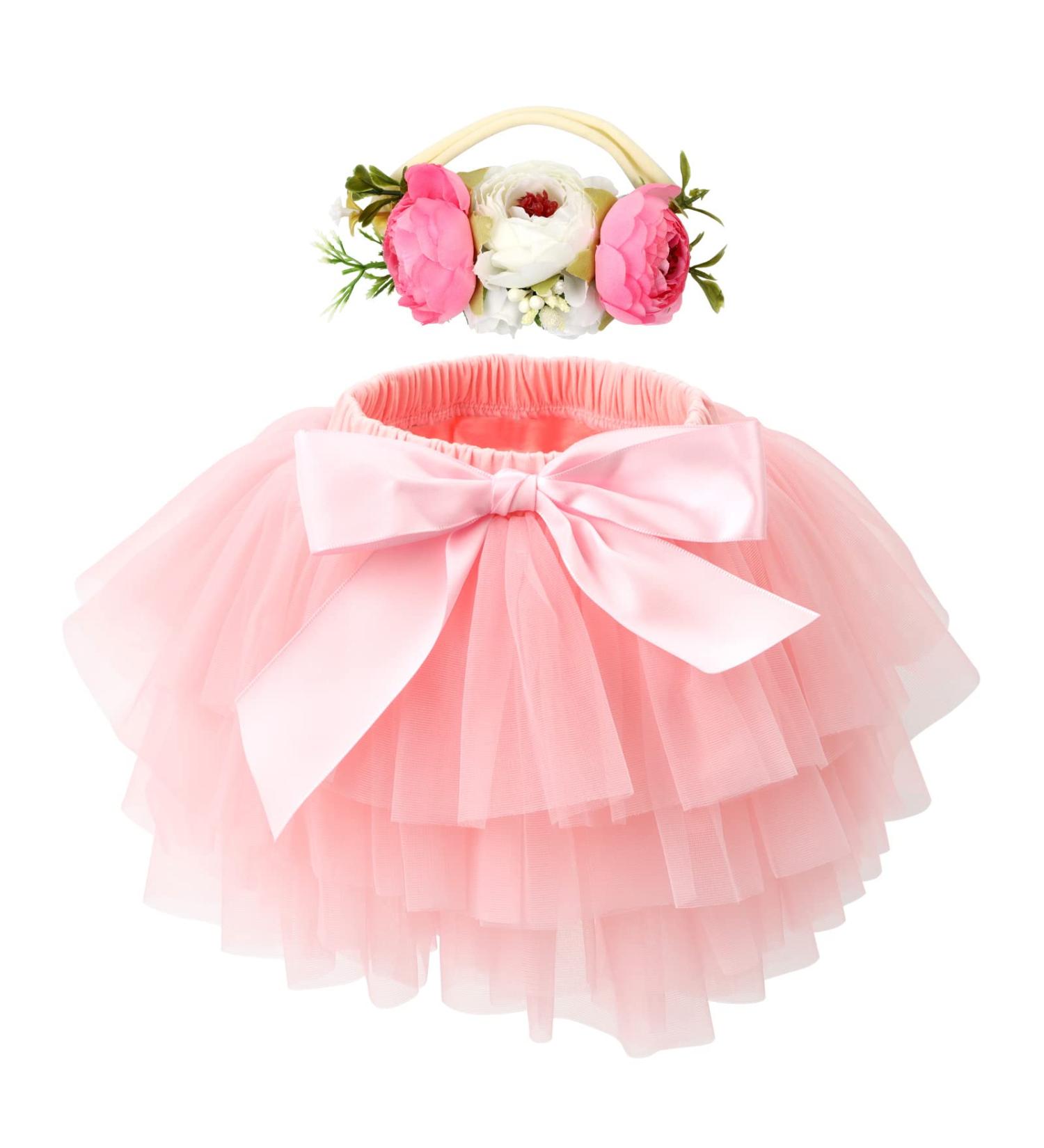 Hoolchean Baby Girls Soft Tutu Skirt & Flower Headband Set | 6-12 Months | Light Pink - Buy Online on GoSupps.com