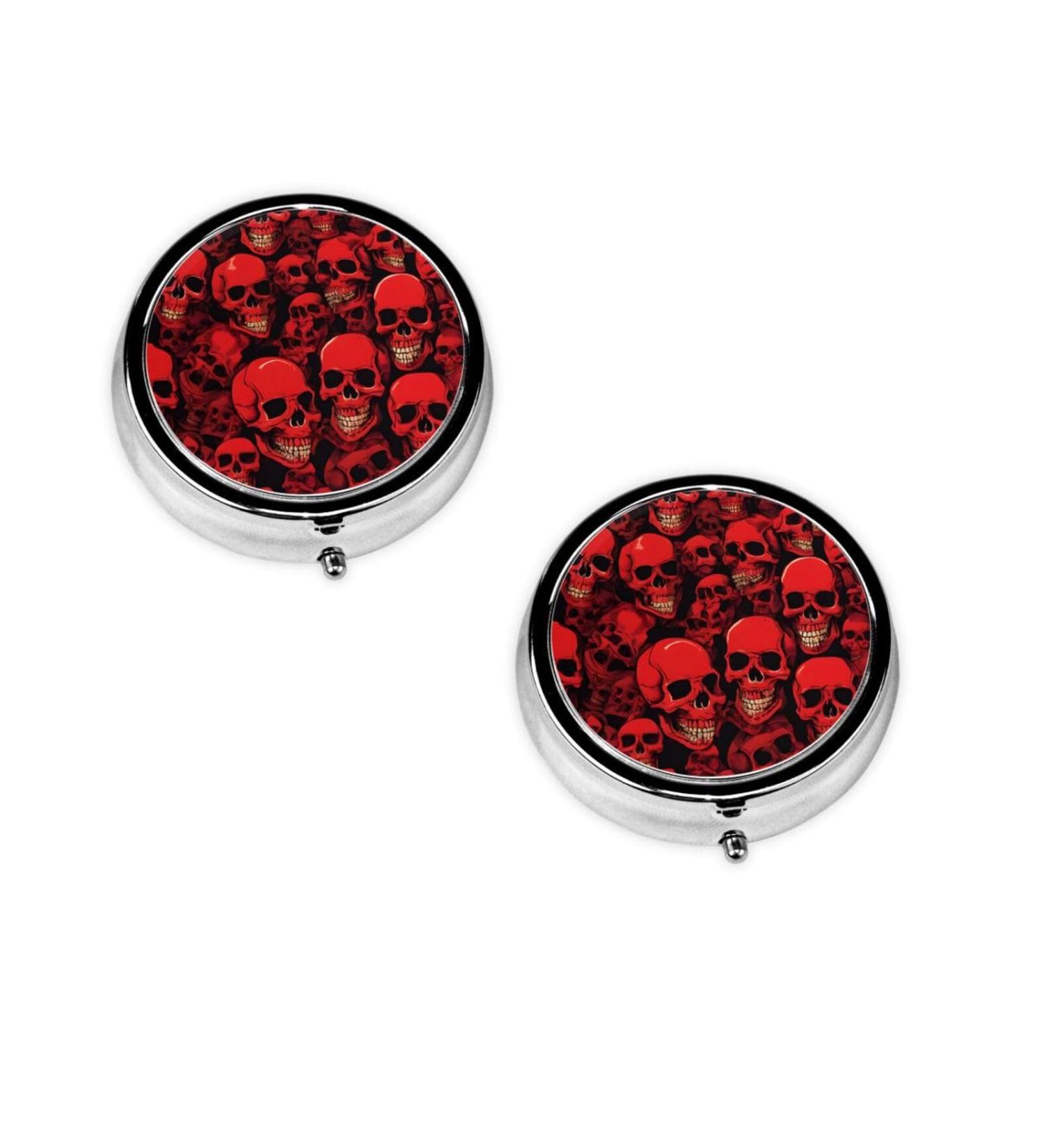 Red Skulls Printed Mini Round Pill Box - 3 Compartment Portable Organizer for Travel Home & Office Use - Buy Online on GoSupps.com