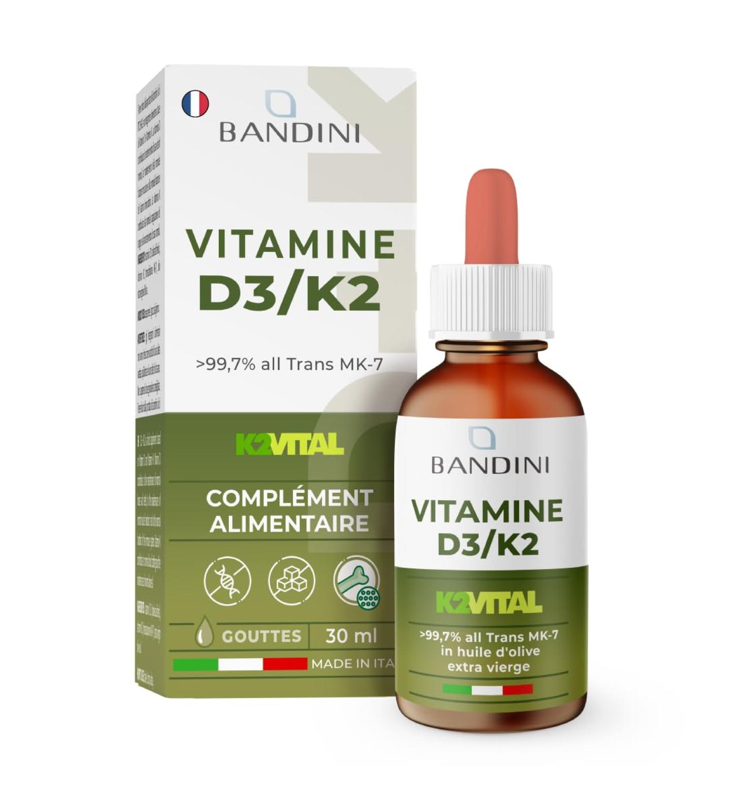 Bandini Vitamin D3 K2 Drops 1000 IU High Dose D3+K2 Vegetarian & Liquid (99.7+% All-Trans MK-7) K2VITAL by Kappa Highly Dosed Olive Oil High Dosed Bioavailable - Buy Online on GoSupps.com