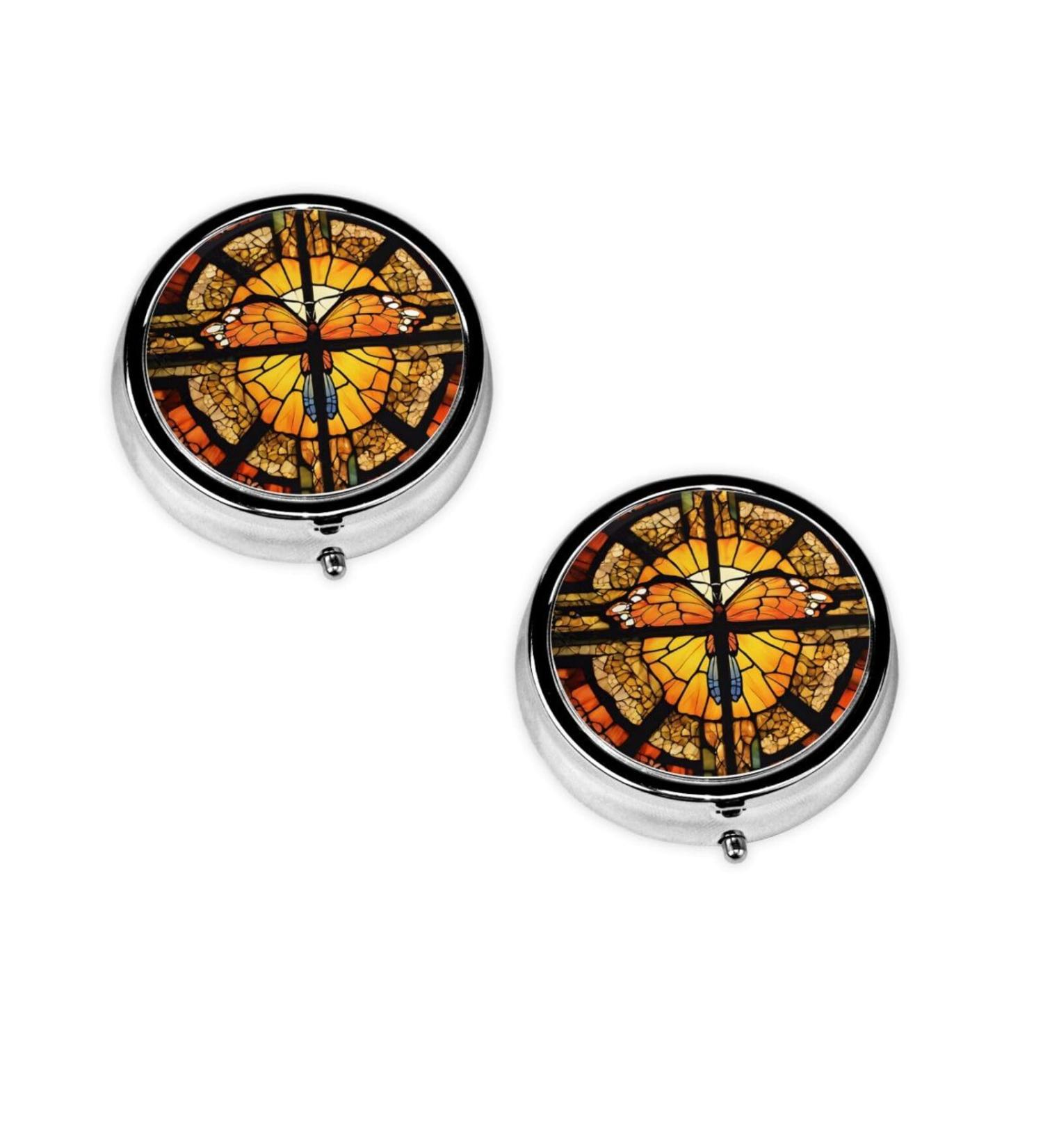 Orange Butterfly Mini Round Pill Box | 3 Compartment Portable Pill Organizer for Travel Home & Office - Buy Online on GoSupps.com