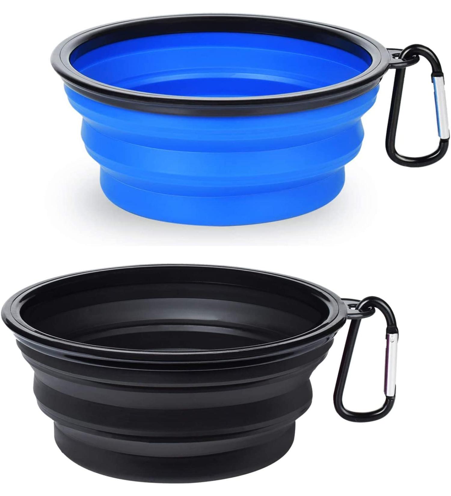 Petbonus Foldable Dog Bowl - 2 Silicone Travel Bowls for Water & Food | Portable Leak-Proof Design with Carabiners - Blue & Black (1000ml) - Buy Online on GoSupps.com