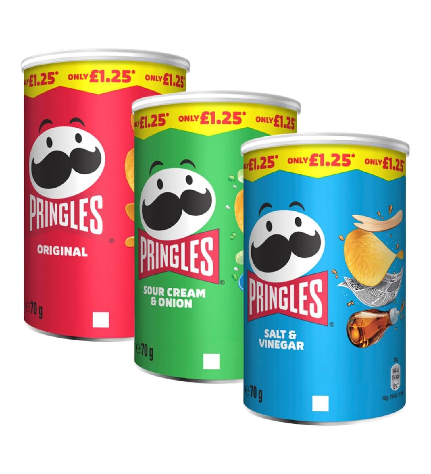 Snack Variety Bundle Consisting of Pringles Original Crisps Tub 70g Sour Cream & Onion Tub 70g Pringles Salt & Vinegar Tub 70g (3 Pack) - Buy Online on GoSupps.com