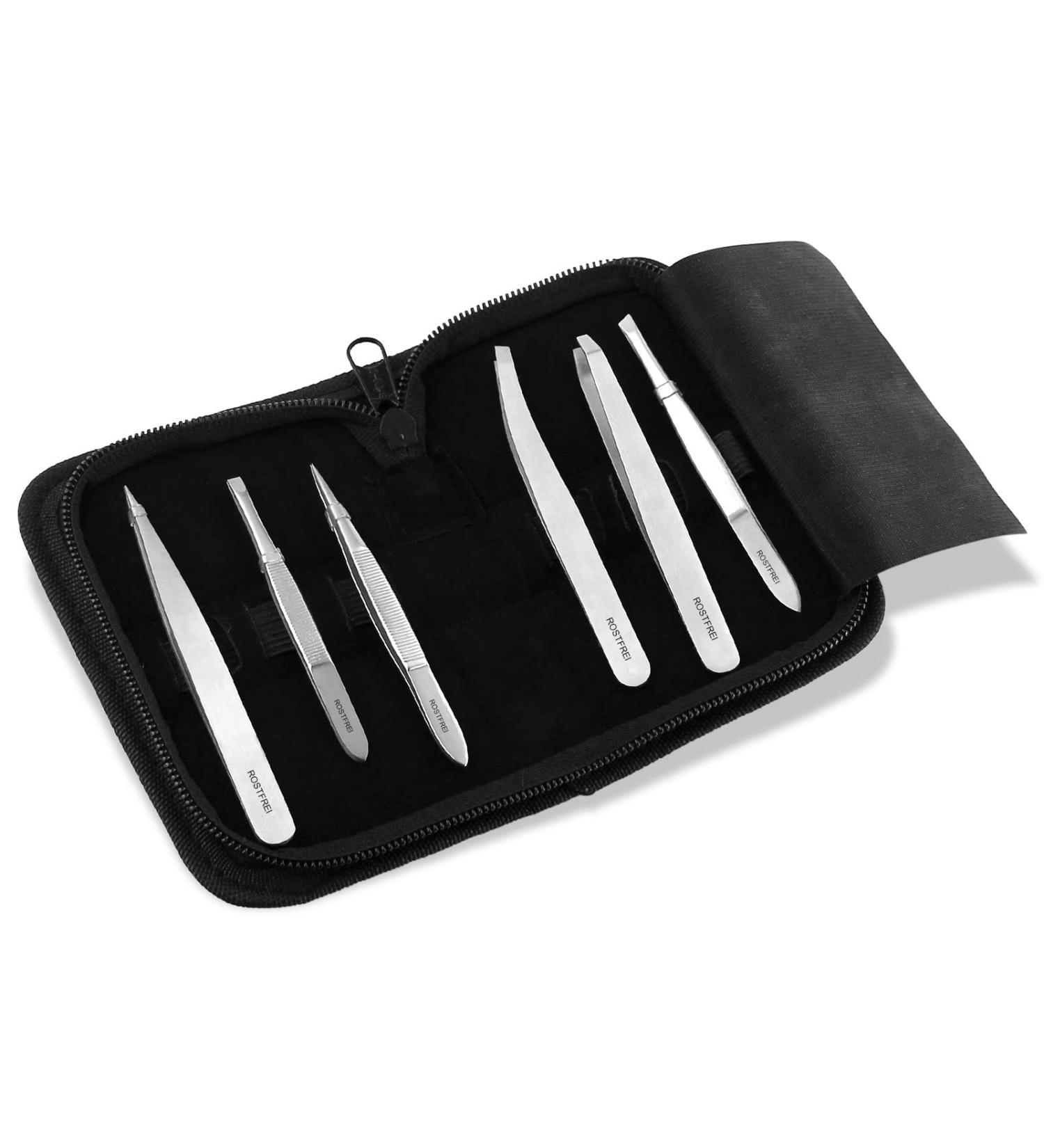 Professional Eyebrow Tweezers Set - Slanted Pointed & Straight Tweezers with Case | Best for Precision Grooming & Hair Removal - Buy Online on GoSupps.com
