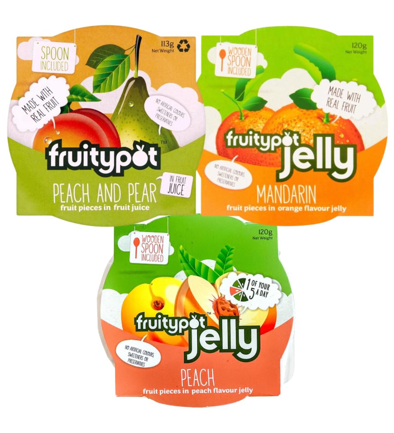 Fruit Snack Pack Bundle With Fruitypot Peach & Pear in Juice 113g Mandarin in Orange Jelly 120g and Peach in Peach Jelly 120g (3 Pack) - Buy Online on GoSupps.com