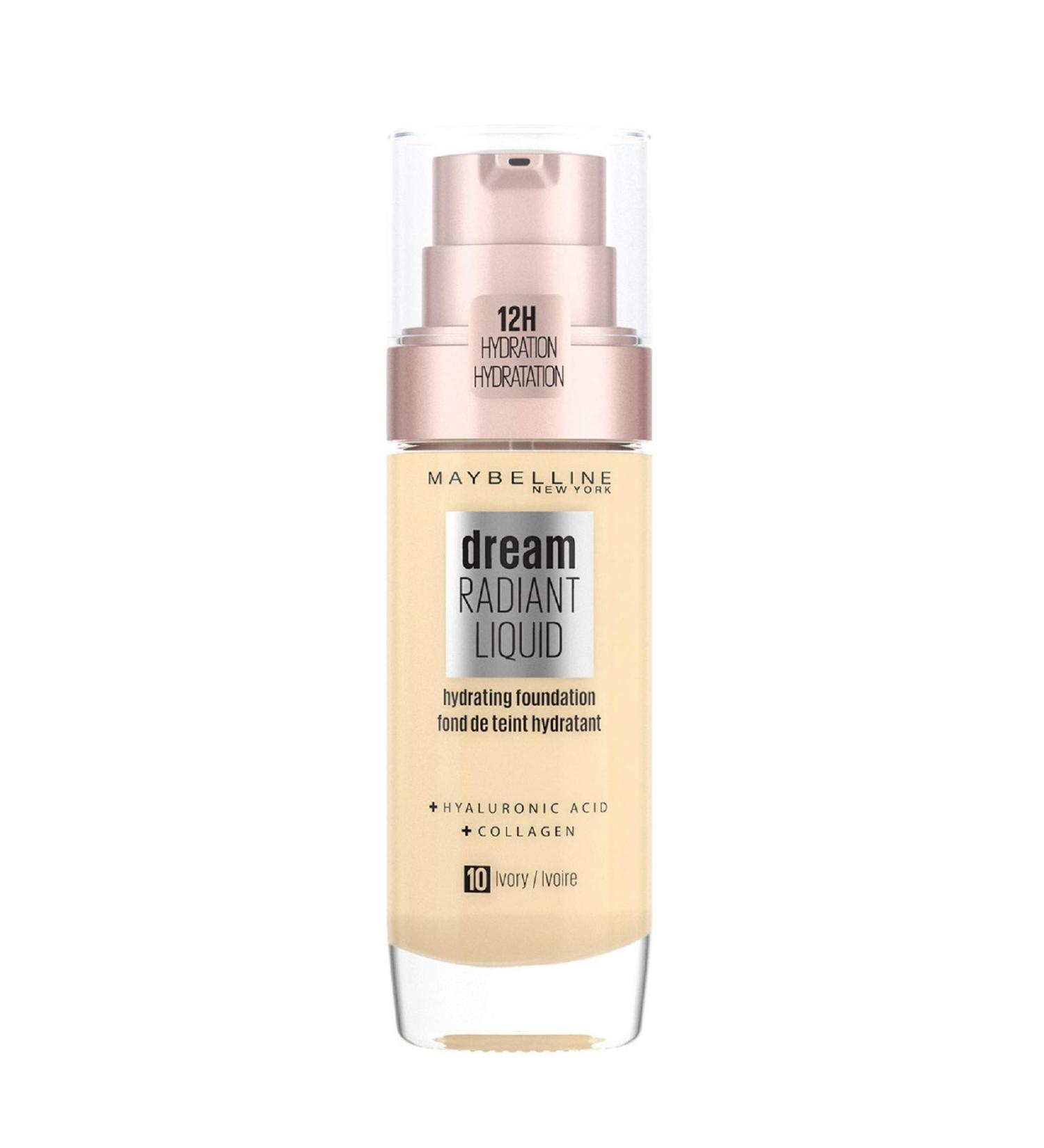 Maybelline Dream Radiant Liquid Hydrating Foundation - Lightweight Medium Coverage with Hyaluronic Acid & Collagen - 10 Ivory - Buy Online on GoSupps.com