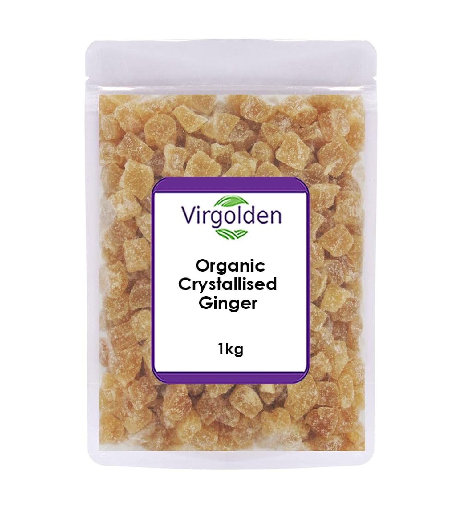 Organic Crystallised Ginger 1kg by Virgolden Organic - Super Snack Chopped Dried Candied Ginger Natural Source of Energy and Fiber - Buy Online on GoSupps.com