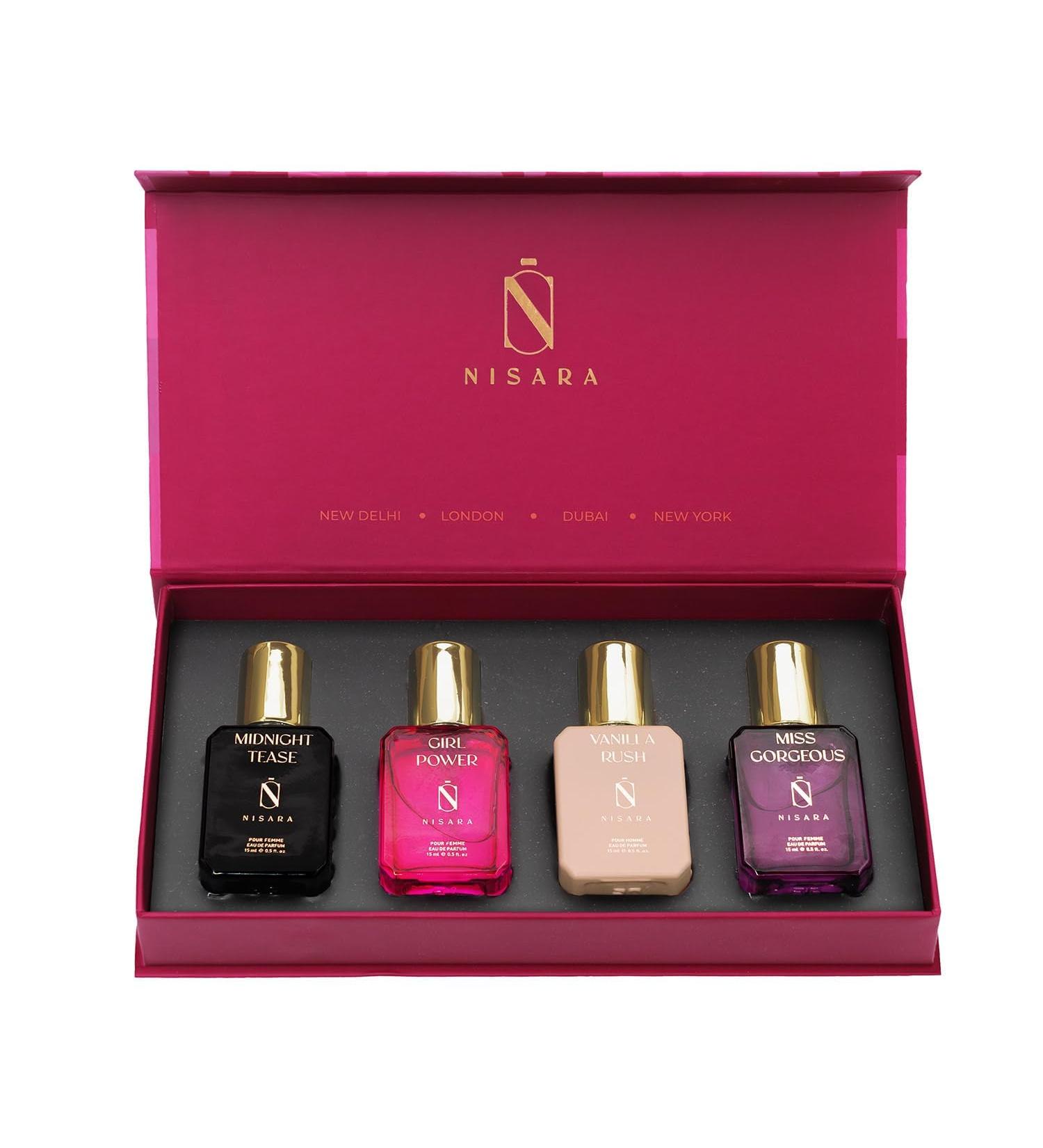 Nisara Long Lasting Women Perfume Gift Set 4x15ml for Christmas & New Year with | Travel & Pocket friendly perfume kit for all occasions | Gift For Sister Wife Friend Girlfriend & Mother - Buy Online on GoSupps.com