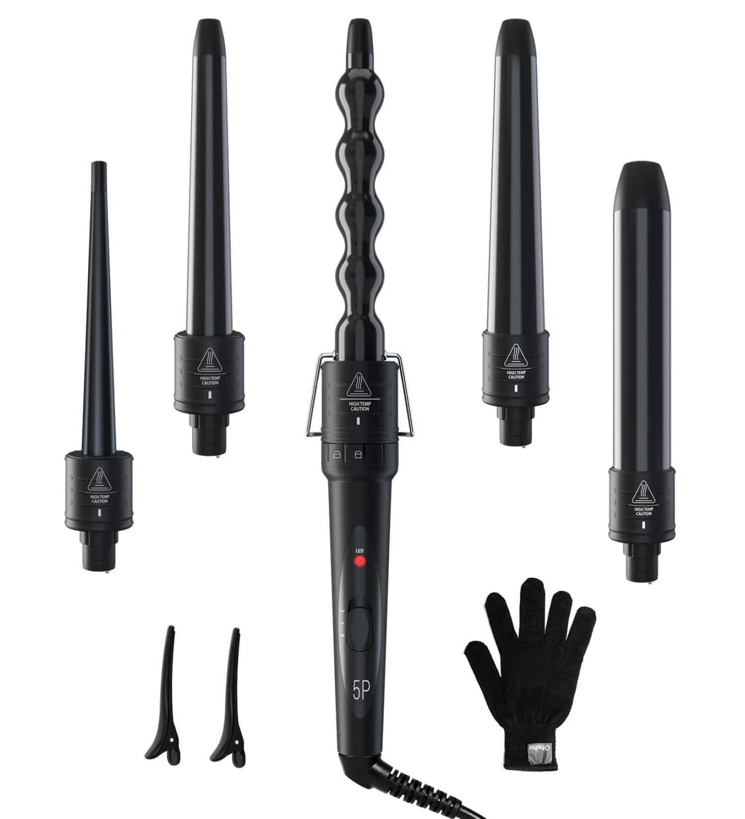 5 in 1 Curling Iron Wand Set Ohuhu Upgrade Curling Wand 5Pcs 0.35 to 1.25 Inch Interchangeable Ceramic Barrel Heat Protective Glove Dual Voltage Hair Crimper for All Hair Type Black - Buy Online on GoSupps.com