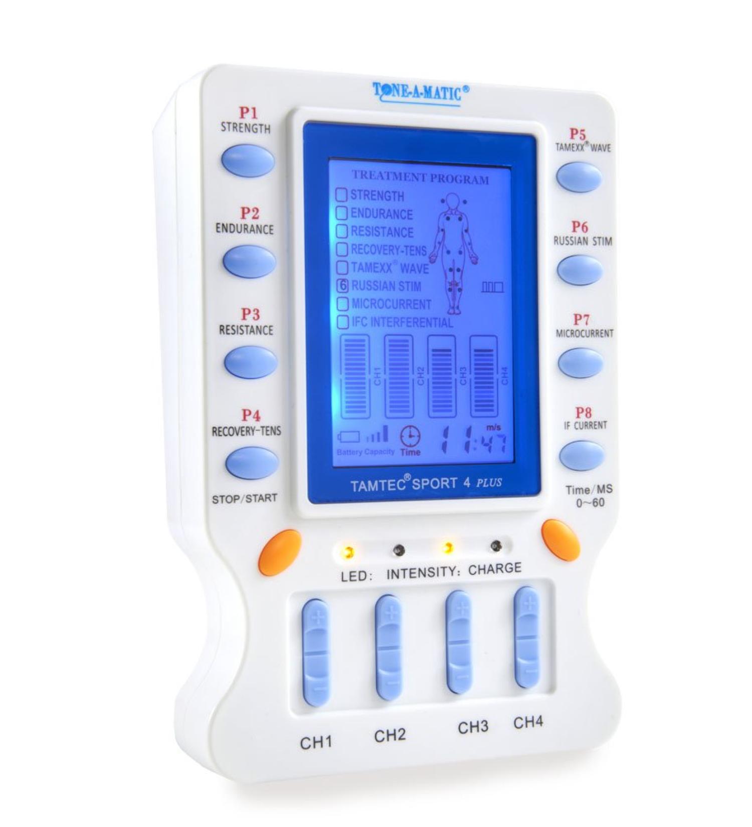 TAMTEC 4 Channel EMS TENS Unit - Pain Relief Therapy Rechargeable Muscle Stimulator with 20 Electrodes & 8 Modes - Buy Online on GoSupps.com