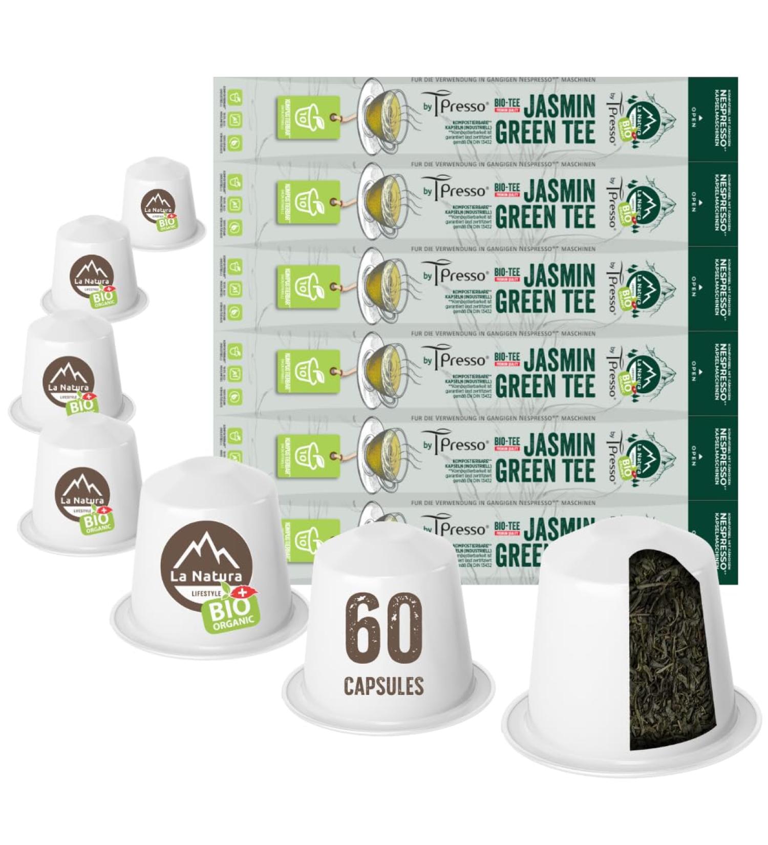 Th biologique vert au jasmin | La Natura Lifestyle by Tpresso 60 capsules de th compatibles avec les machines capsules Nespresso | 100% compostable industriellement | cologique - Buy Online on GoSupps.com
