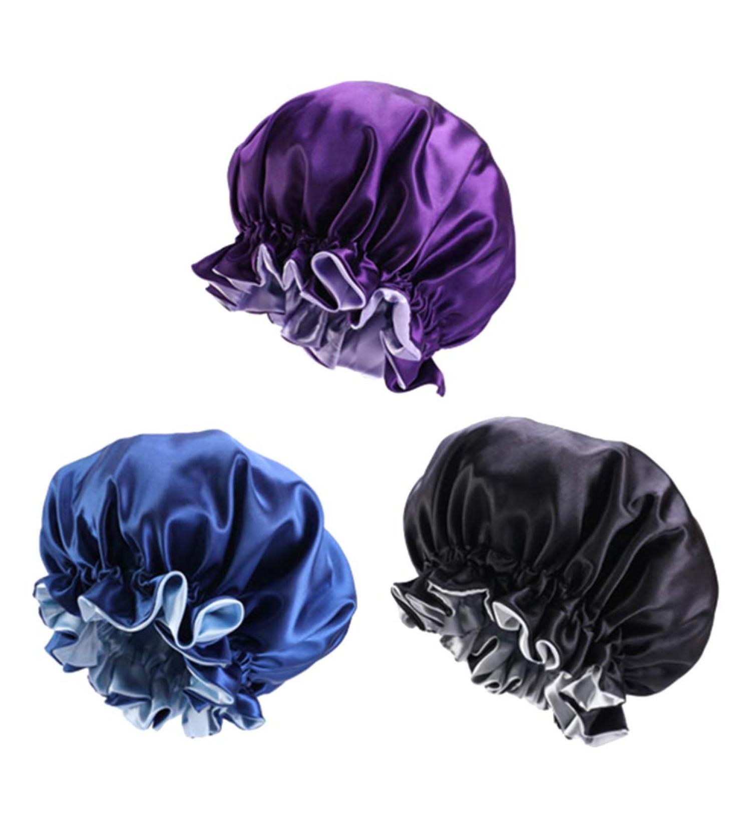 Healifty 3PCS Double Layer Satin Bath Cap Set - Purple, Black, Gem Blue | Wide Band Satin Bonnet for Women | Elastic Nightcap for Home & Travel - Buy Online on GoSupps.com
