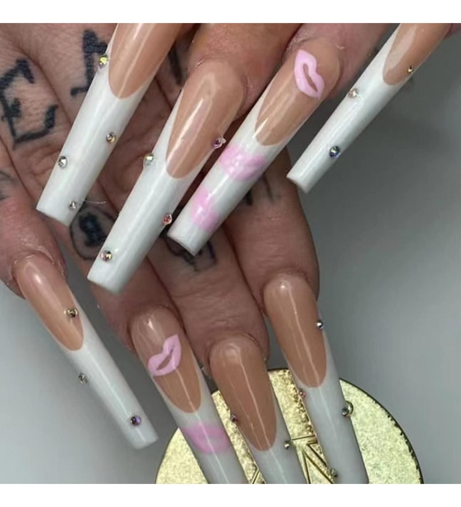 Runrayay Long Artificial Nails - Press-On Acrylic Tips in White Pink & Nude | Ballet-French Style with Nail Stones for Women & Girls - Buy Online on GoSupps.com