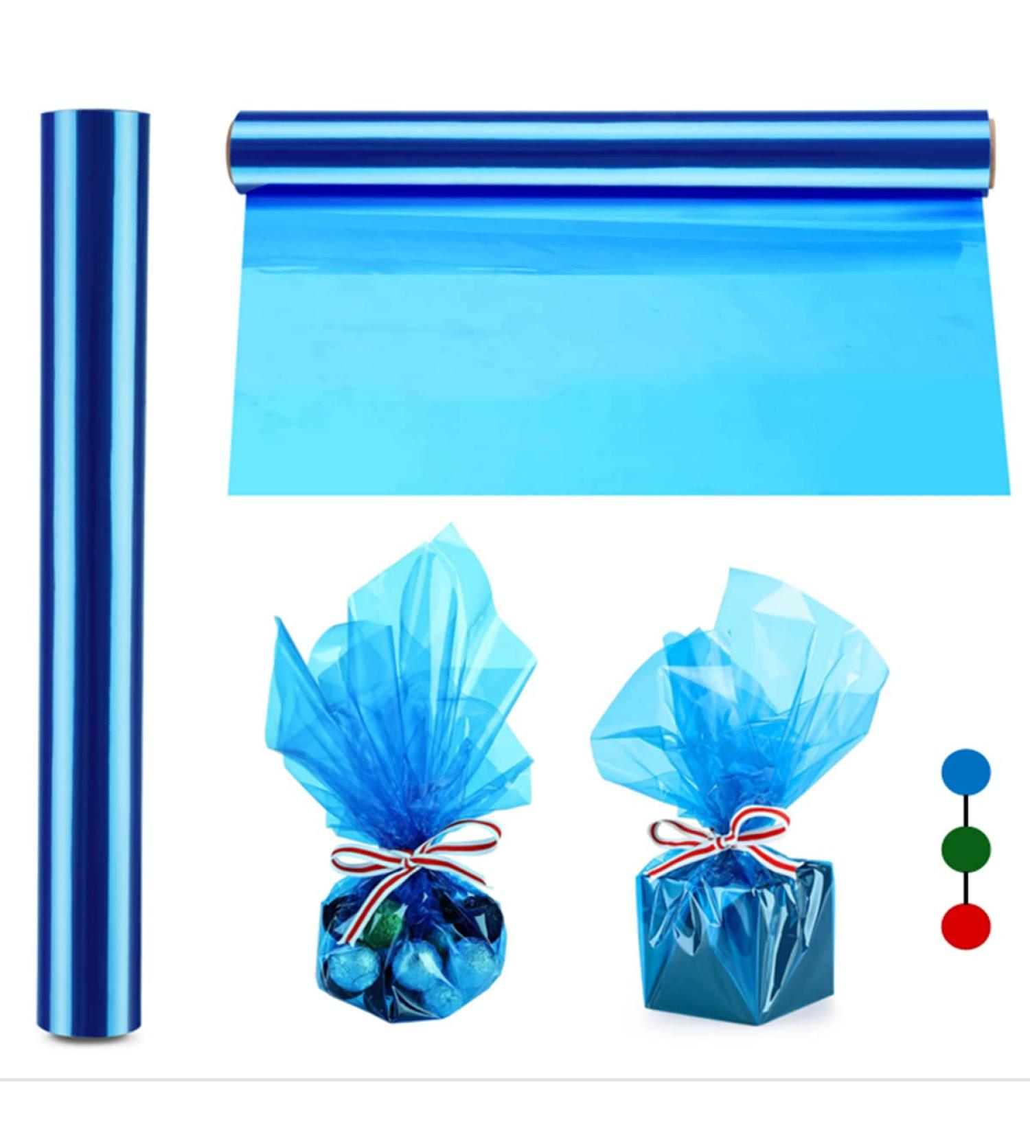 100ft Extra Wide Blue Cellophane Wrap Roll (100ft. Long x 17 in. Wide x 2.3 Mil Thick) - Blue Transparent Cellophane Roll for Gift Basket Wrap - Plastic Wrap for Baby Shower Decorations, Treats, Graduation Gift Wrapping.