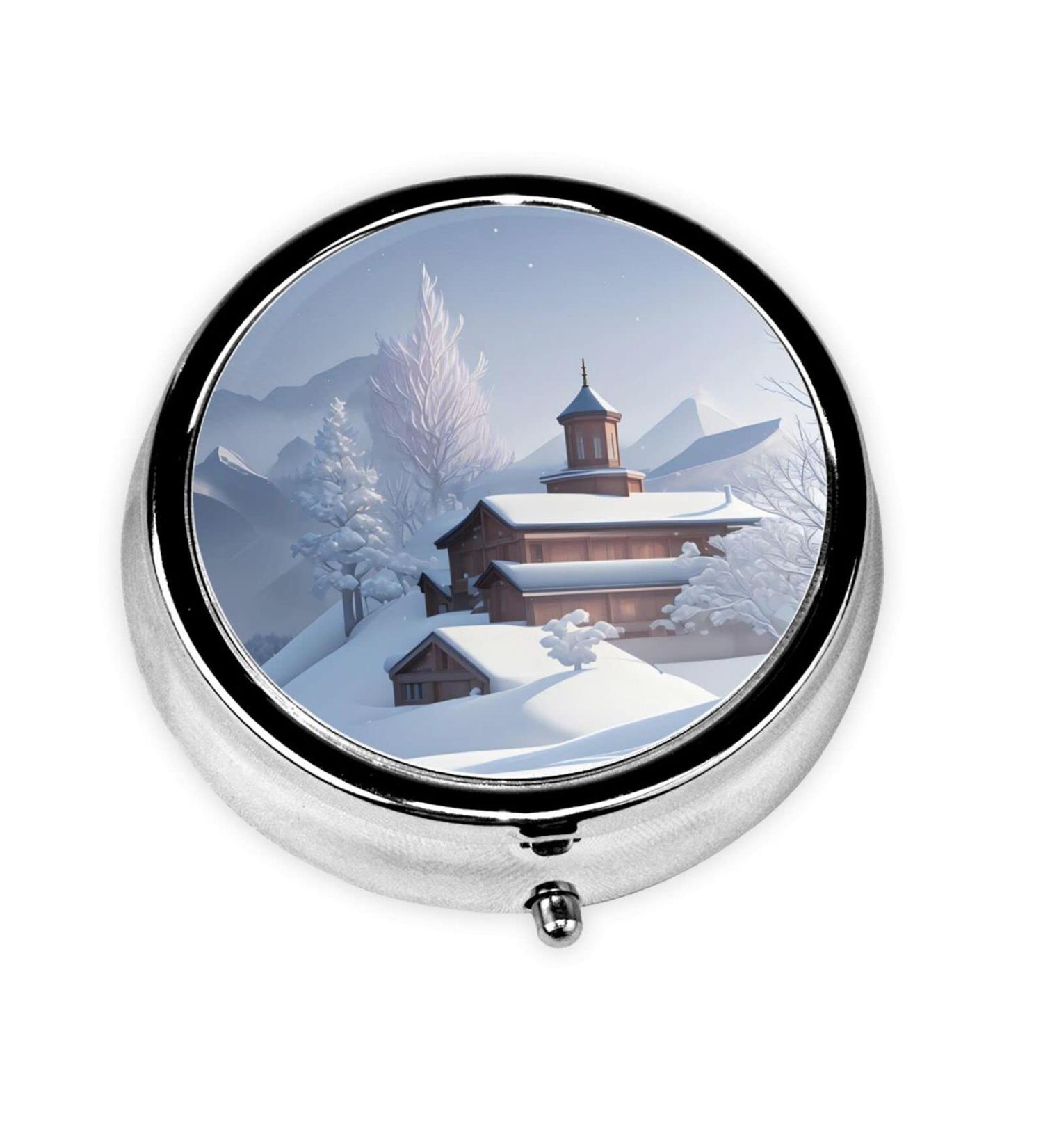 Winter Landscape Round Pill Box - 3 Compartment Organizer for Purse & Pocket | Portable Travel Pill Case - Buy Online on GoSupps.com