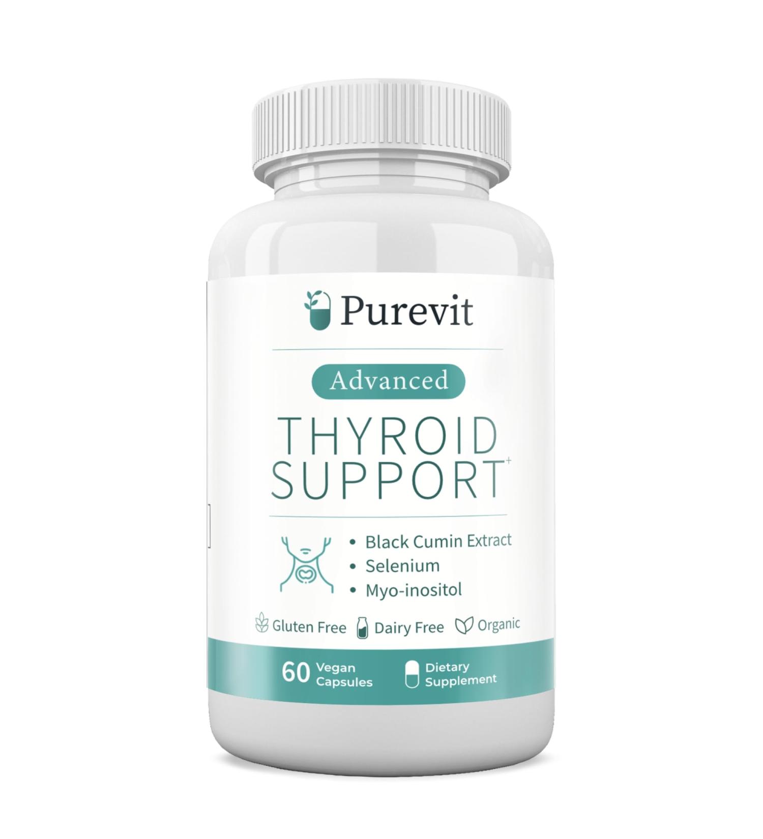 Purevit Advanced Thyroid Support Supplement with Black Cumin Extract Selenium Myo-inositol Thyroid Support for Hashimotos and Hypothyroidism 60 Capsules - Buy Online on GoSupps.com