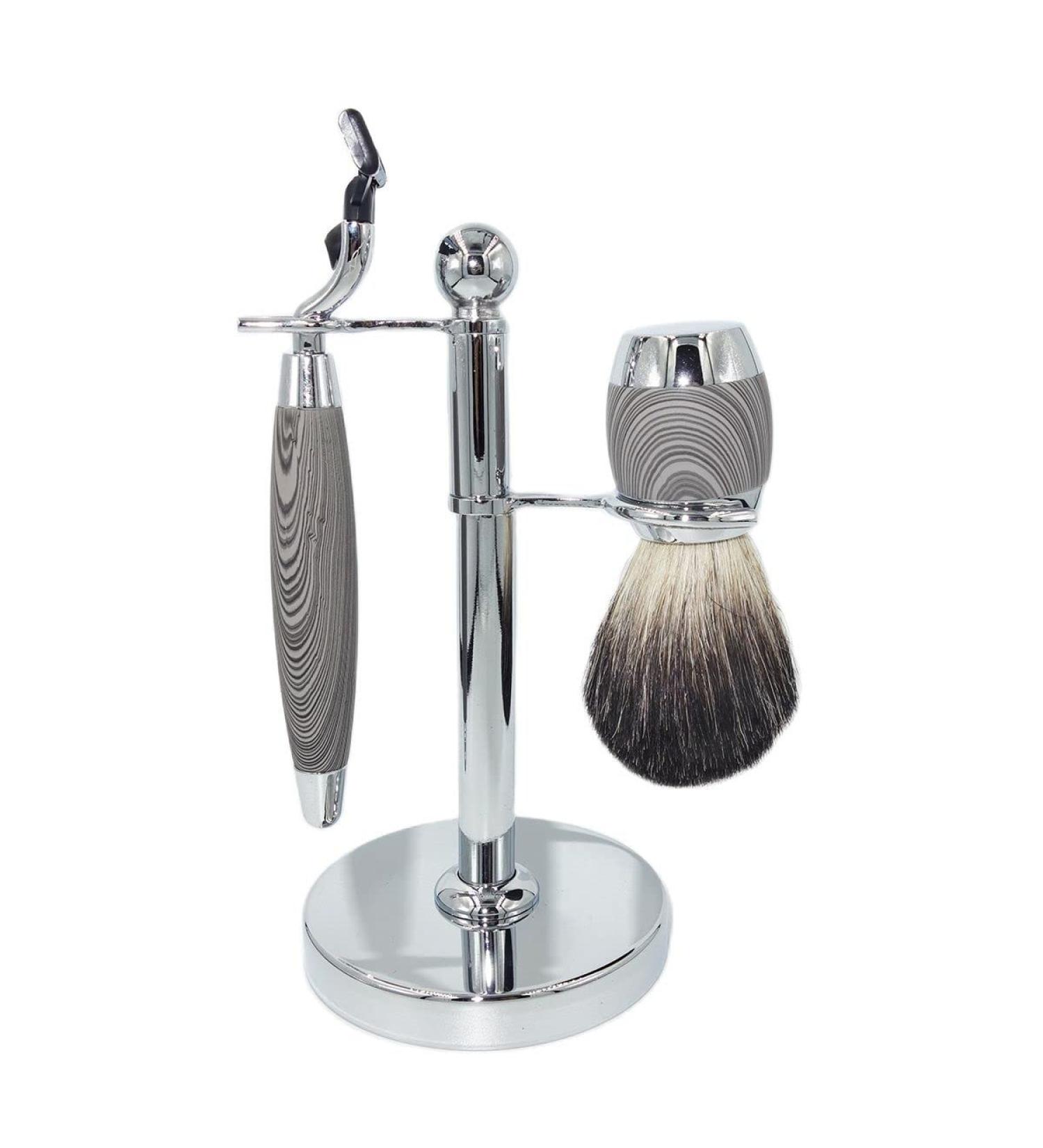 Premium Stainless Steel Razor Holder & Shaving Brush - Stylish Men's Shaving Set with Roof Hair Wood Handle - Ideal for 3-Blade Razors (11x17cm) - Buy Online on GoSupps.com
