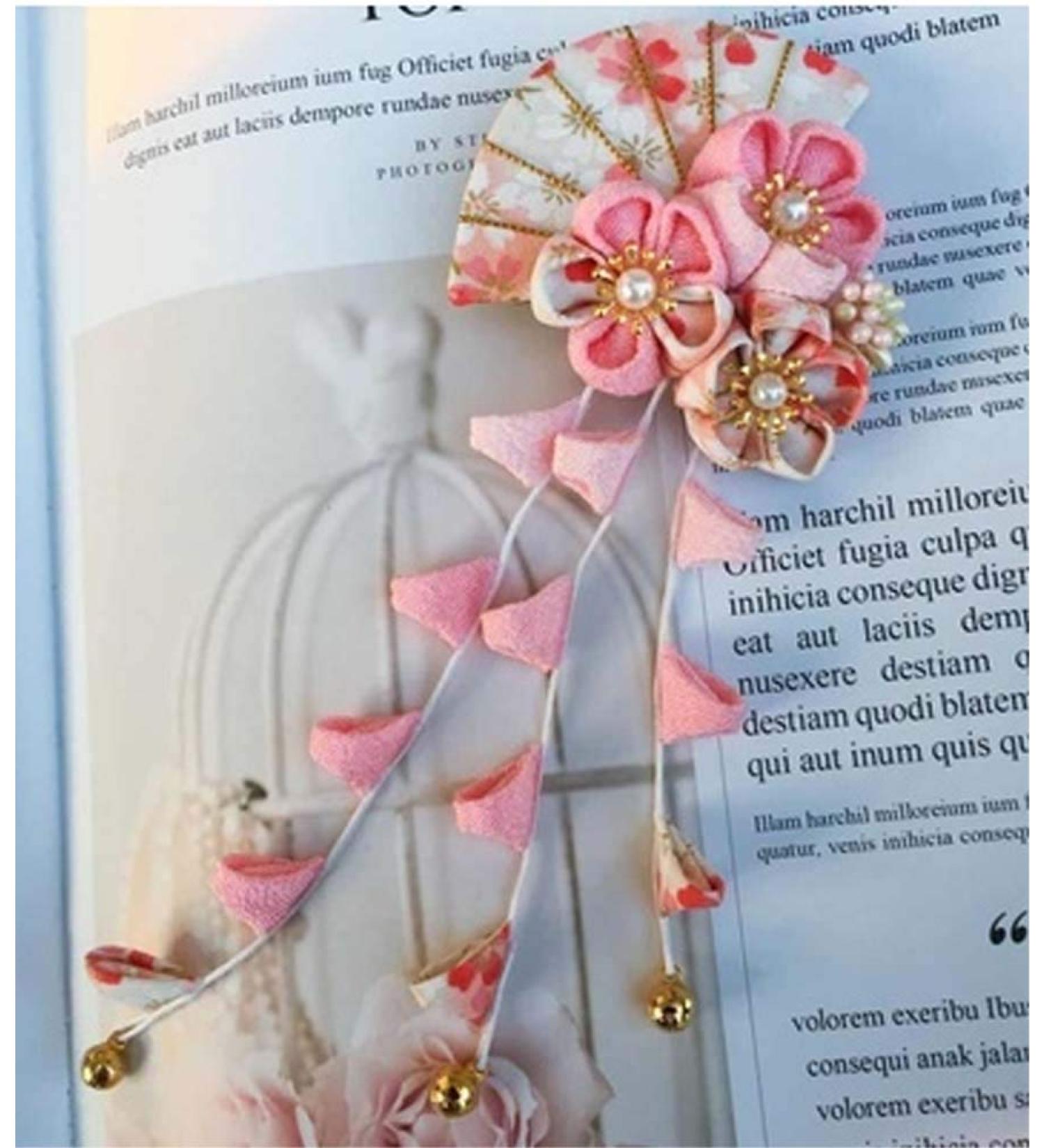 CRB Fashion Womens Girls Japanese Kimono Flower Kanzashi Hair Ornament Tie Band Clip (Light Pink)