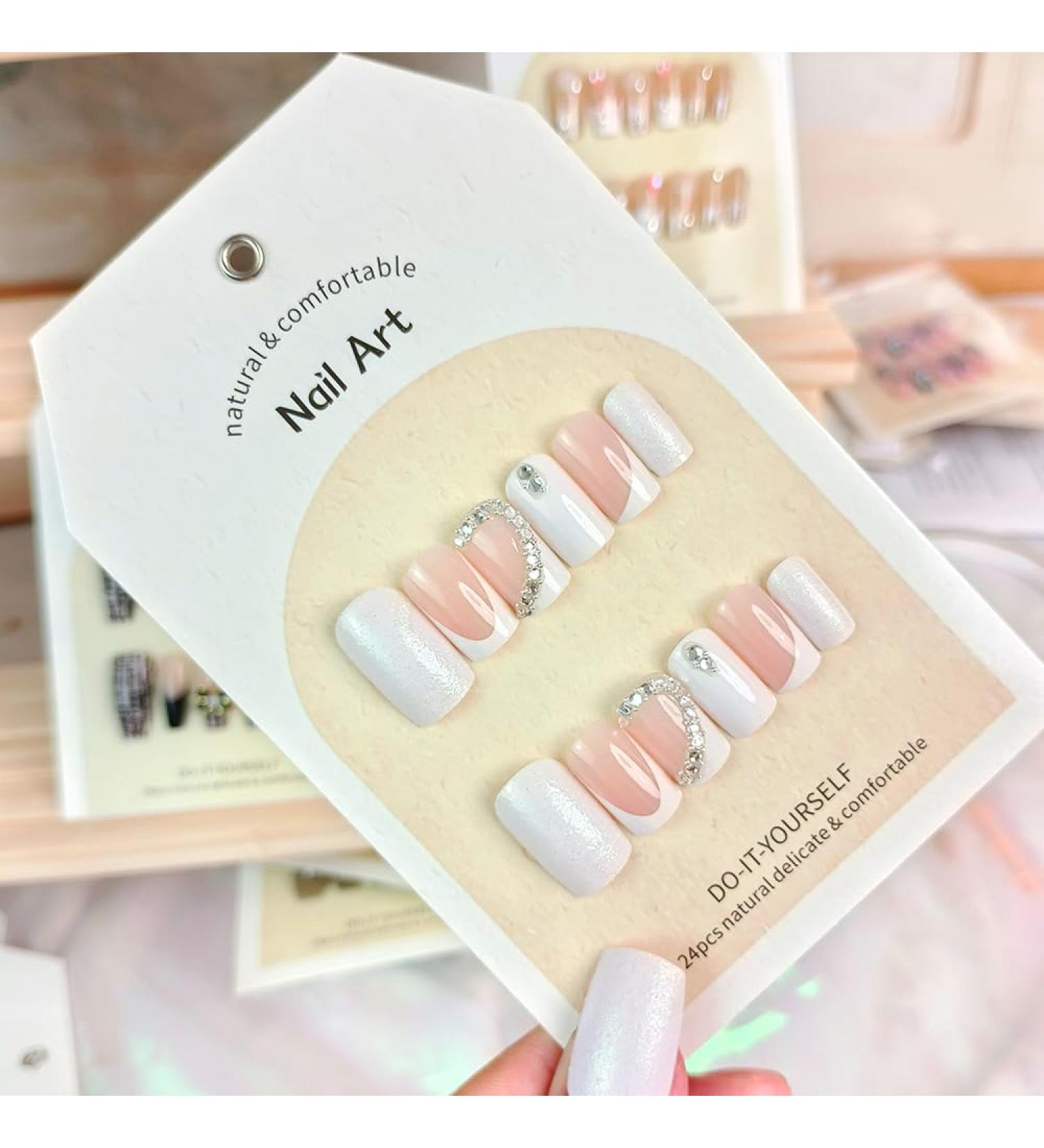 French Tip Press on Nails - Short Square Press On Nails with Nail Tips Drill chain Design Glossy white press on nails Acrylic False Nails Cute Artificial Nails - Buy Online on GoSupps.com