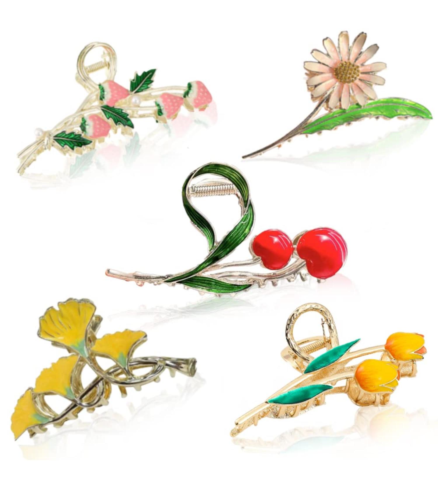 Buy 5-Piece Tulip & Cherry Hair Clip Set | Stylish Ginkgo & Daisy Back Clips | Big Hair Clips for Every Occasion - Buy Online on GoSupps.com