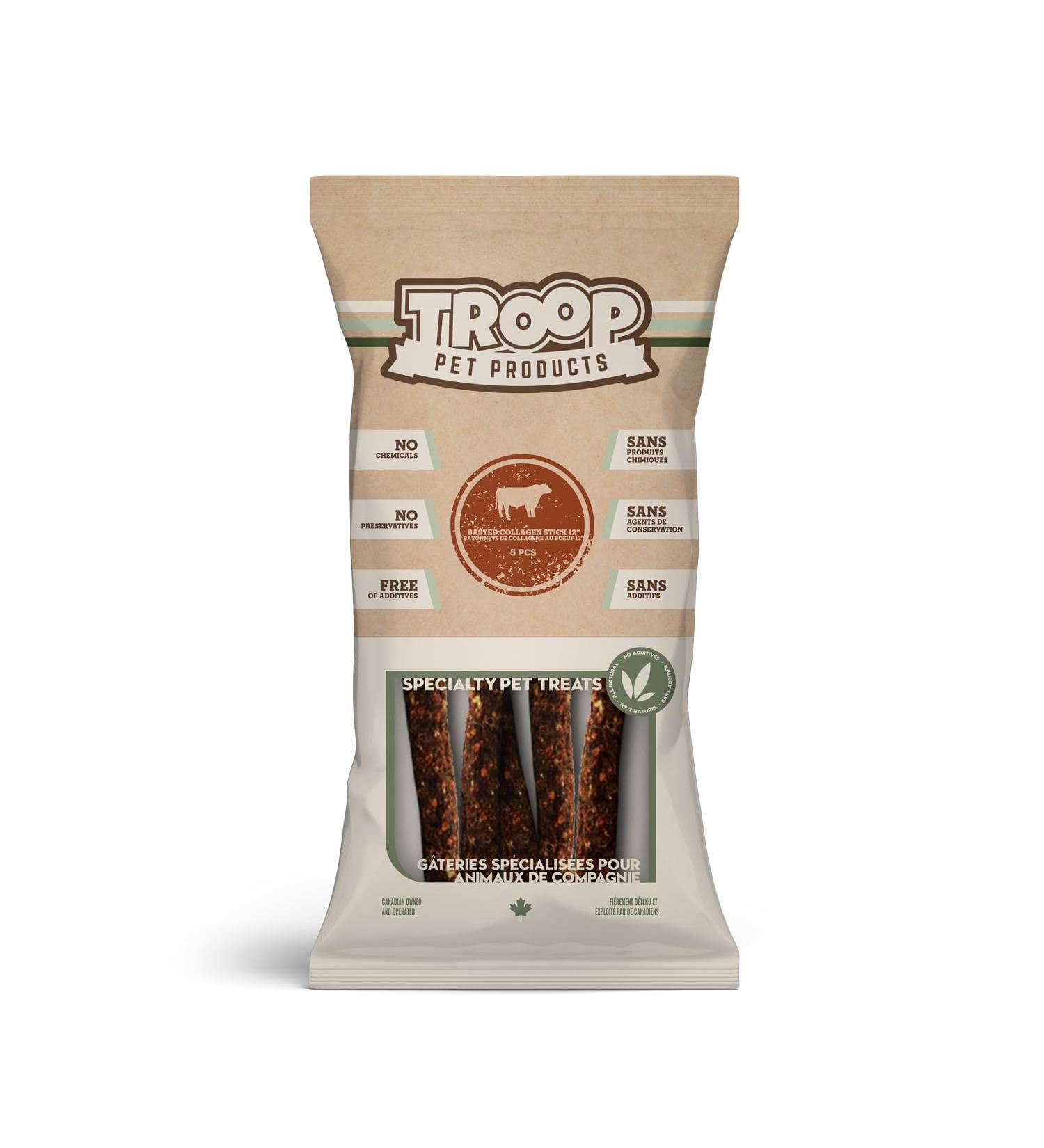 Troop Pet Products Beef Collagen Stick Basted Natural Single Ingredient Dehydrated Dental Chew 12" 5pc - Buy Online on GoSupps.com