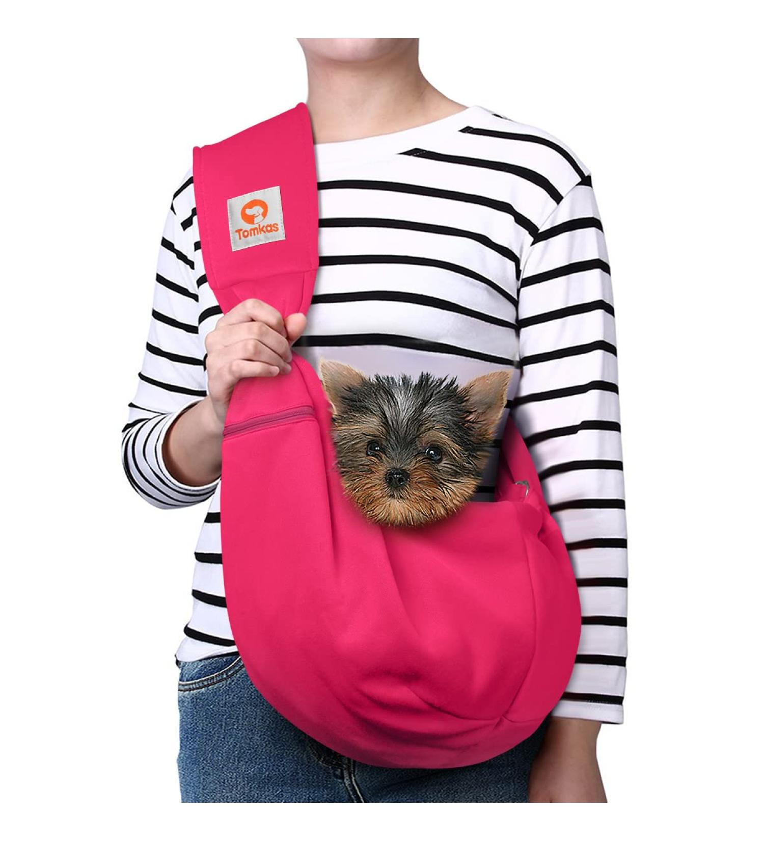 Tomkas Dog Carrier Sling - Pet Carrier for Small Dogs and Cats Adjustable Strap Zip Pocket Snap Closure (Pink M - Adjustable Strap EU) Pink M - Adjustable Strap EU