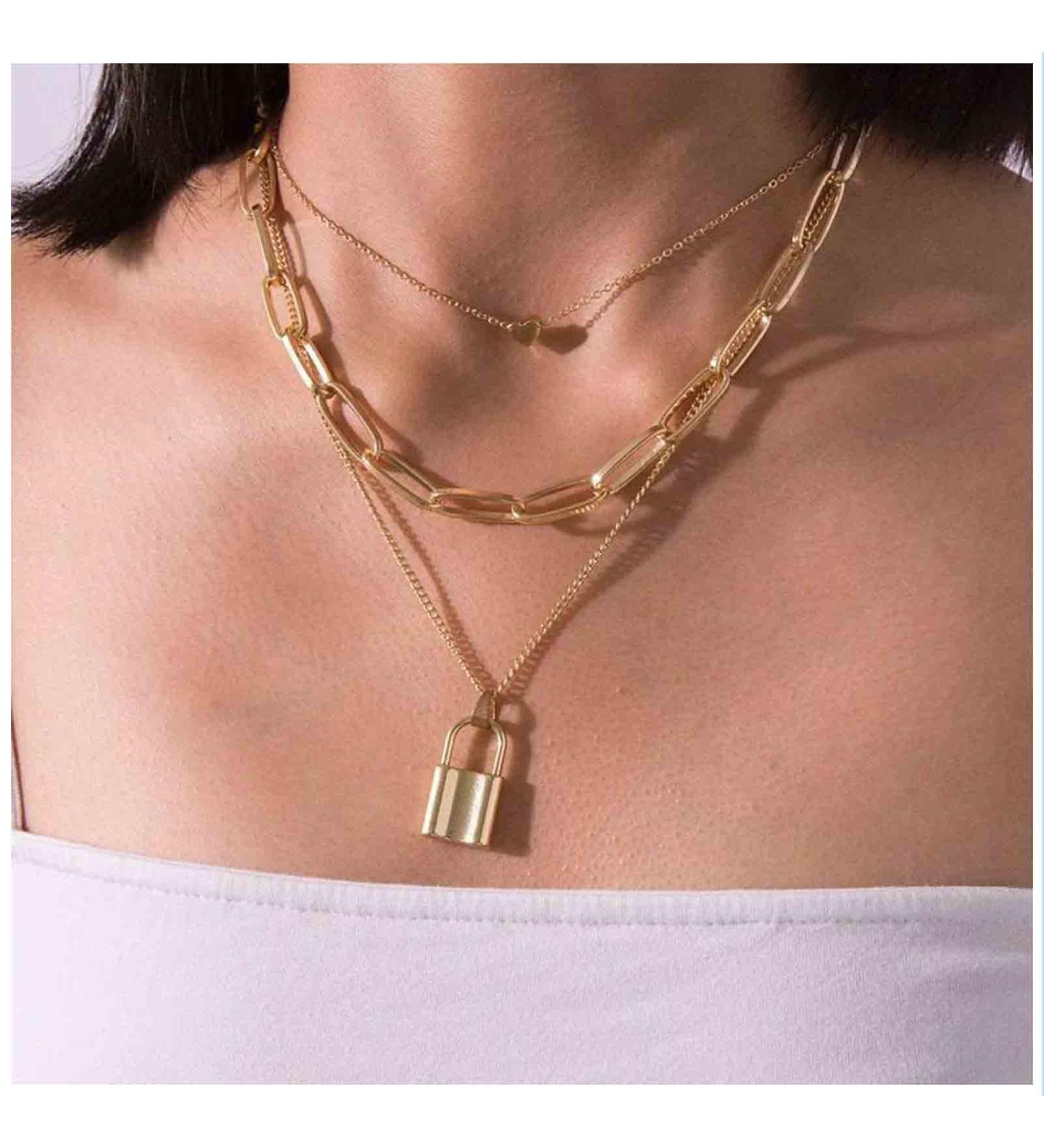 Shop Punk Layered Heart Choker Necklace | Gold Lock Pendant & Chunky Paper Clip Chain | Vintage Statement Jewelry for Women & Girls - Buy Online on GoSupps.com