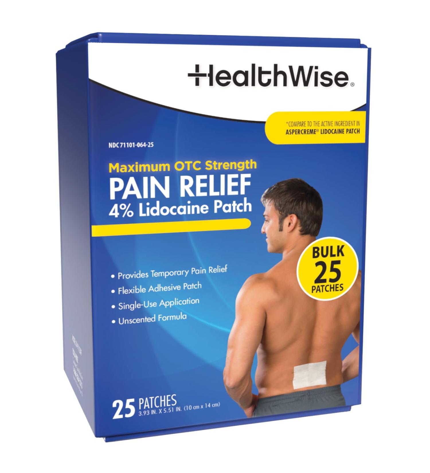 HealthWise 4% Lidocaine Pain Relief Patch | Maximum OTC Strength | 25-Count | 3.93 x 5.51 | Soothes Minor Aches and Pains | Odor Free | Topical Anesthetic | Easy to Apply Flexible Adhesive 25 Count - Buy Online on GoSupps.com