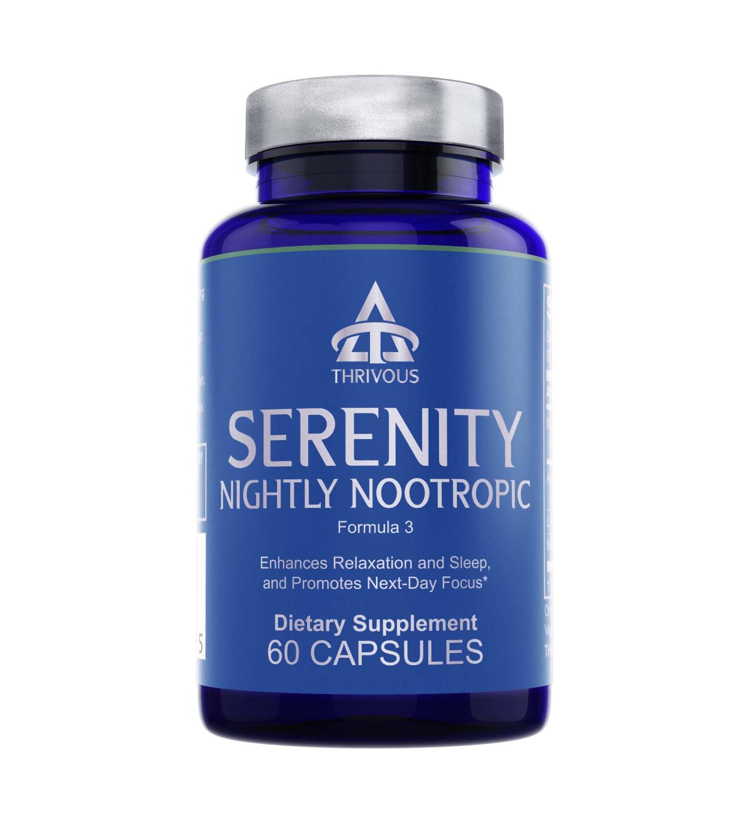 Thrivous Serenity Nightly Nootropic Sleep & Relaxation Formula with KSM-66 Ashwagandha L-Theanine Magnesium Glycinate & Melatonin 60 Vegan Capsules - Buy Online on GoSupps.com