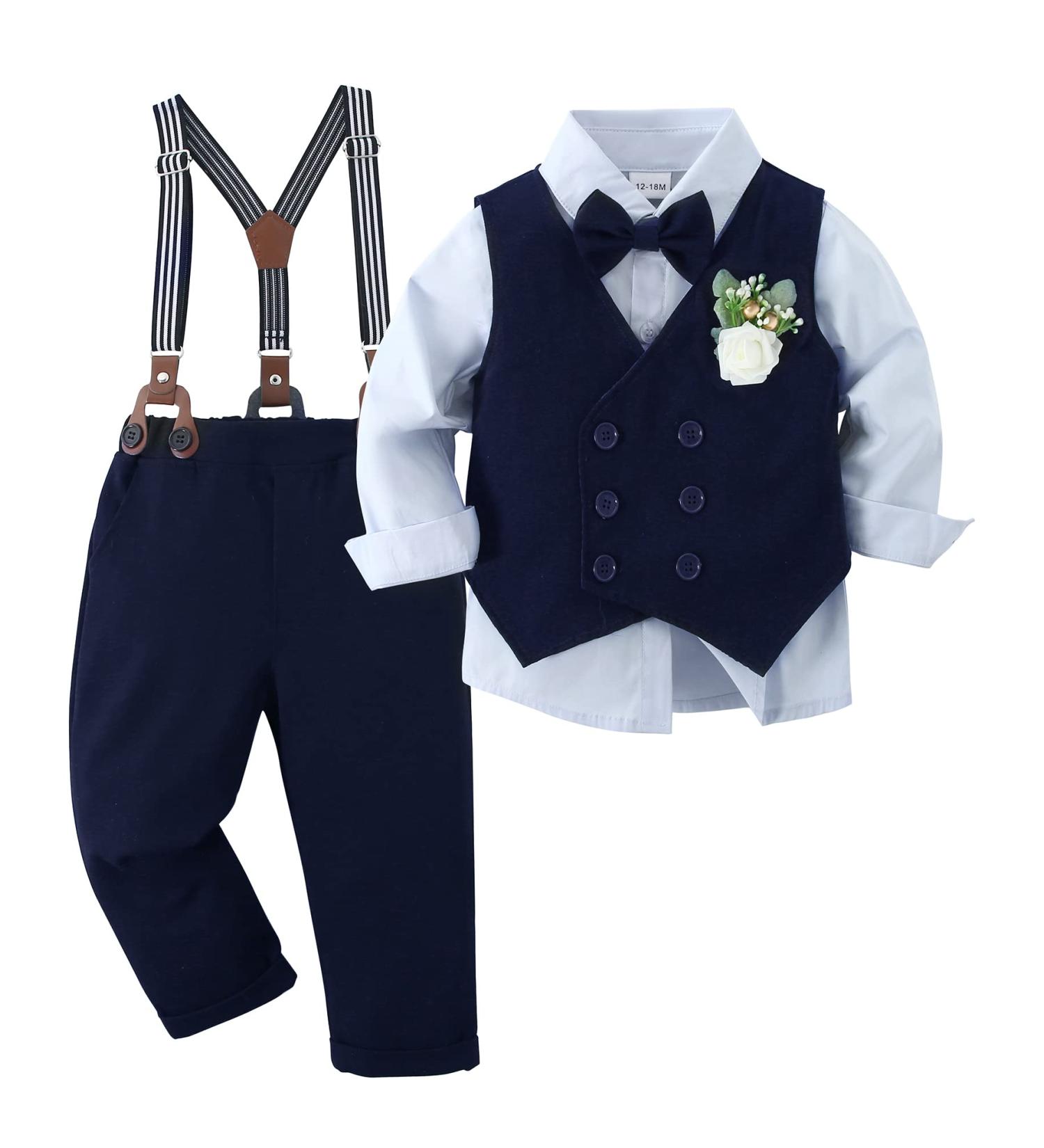 ZOEREA Baby Boy Gentleman Clothes Set - 3-4 Years Blue | Wedding Tuxedo Outfit | Formal Shirt, Suspender Pants, Vest, Bowtie & Boutonniere - Buy Online on GoSupps.com