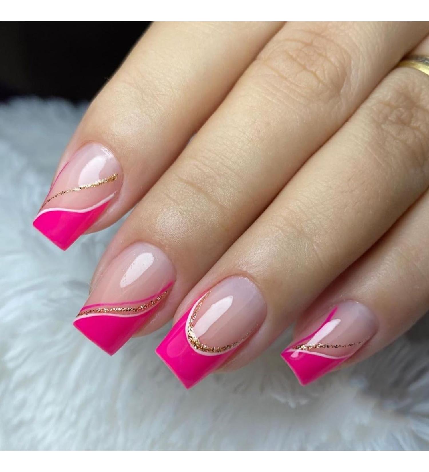 French Tip Press on Nails - Short Square Press On Nails with Nail Tips Rose red paired with White Lines and Golden glitter Pink press on nails Acrylic False Nails Cute Artificial Nails - Buy Online on GoSupps.com