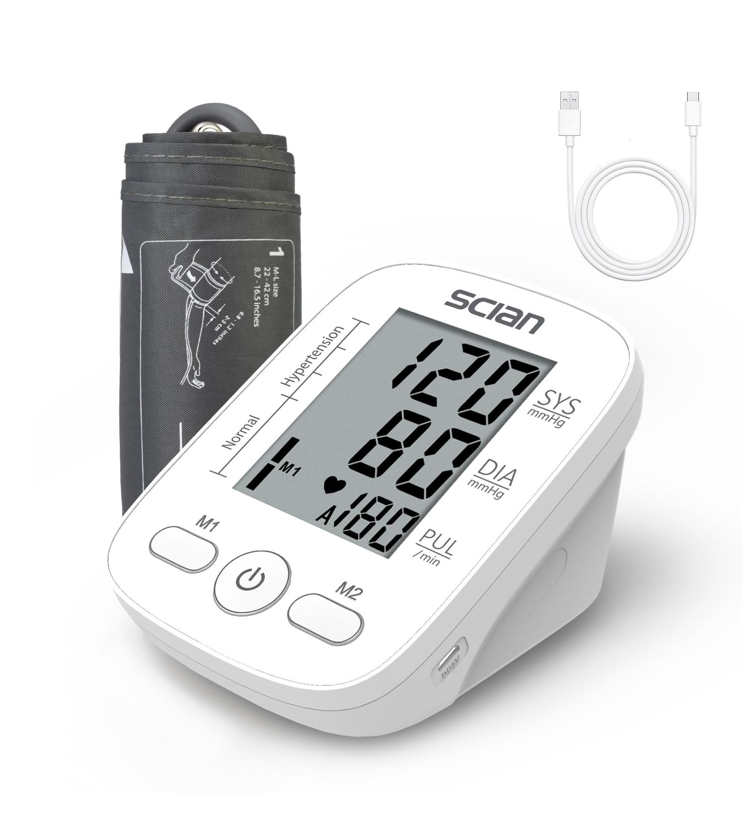 Scian Blood Pressure Meter - Automatic Arrhythmia Detection Large LCD Display 2-User Memory Cuff Size 22-42cm USB Cable - Home Use Upper Arm Monitoring - Buy Online on GoSupps.com