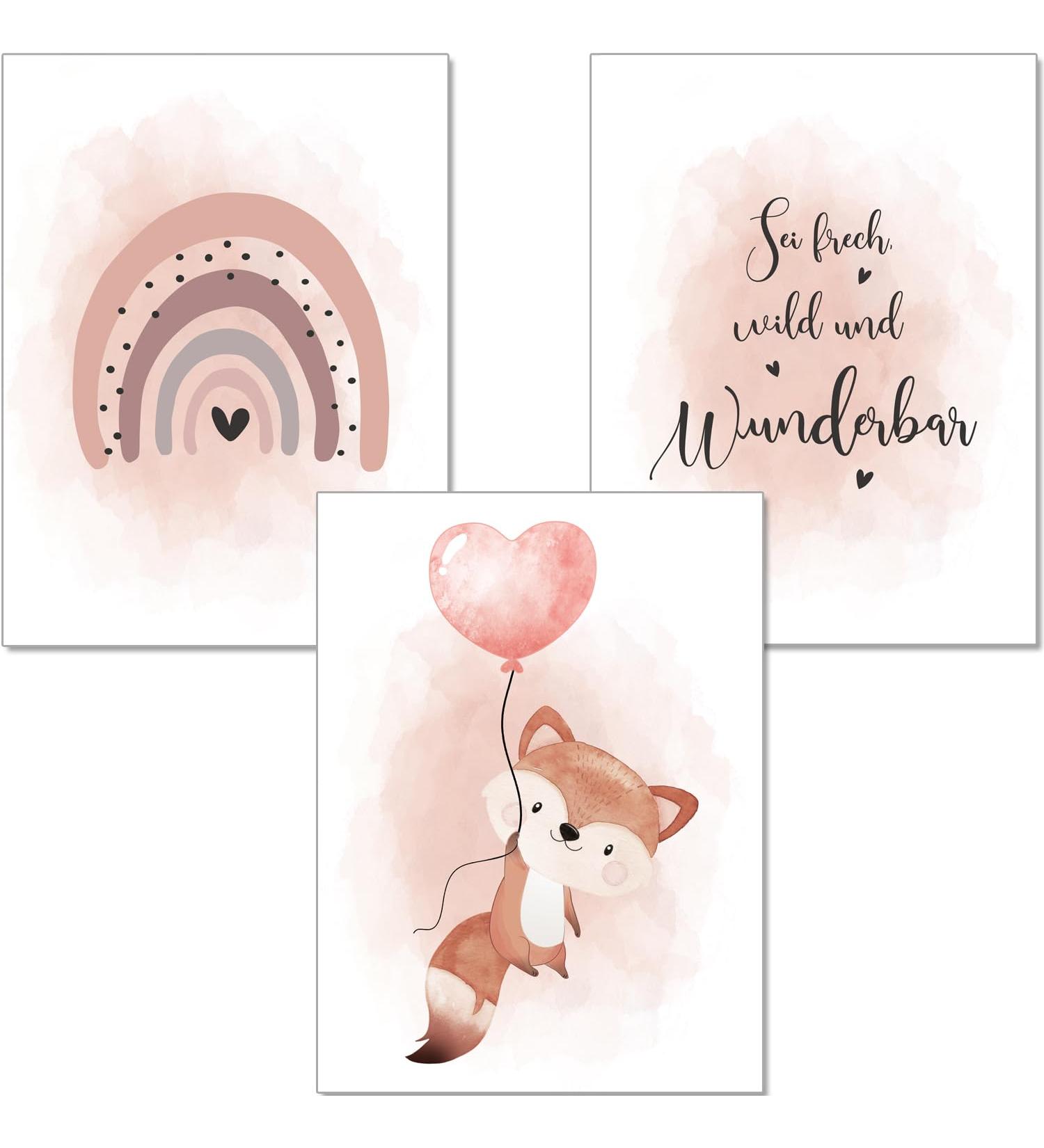artpin Poster Set for Children's Room | 3 Pictures - Old Pink Balloon Rainbow Fox | Baby Room Decor for Girls - Buy Online on GoSupps.com