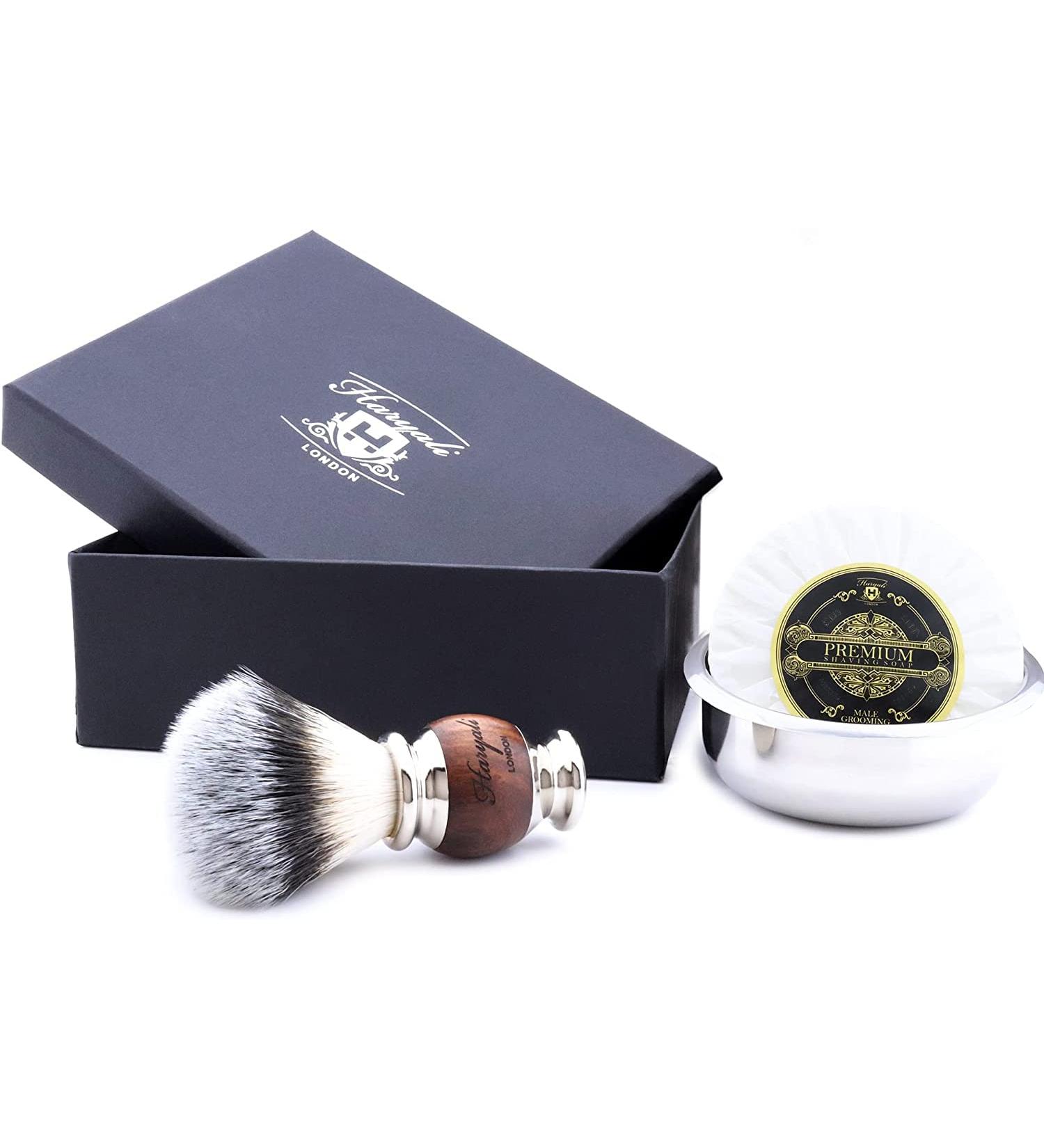 Haryali London 3-Part Shaving Brush Set | Sustainable Synthetic Brush Shaving Soap & Stainless Steel Bowl - Buy Online on GoSupps.com