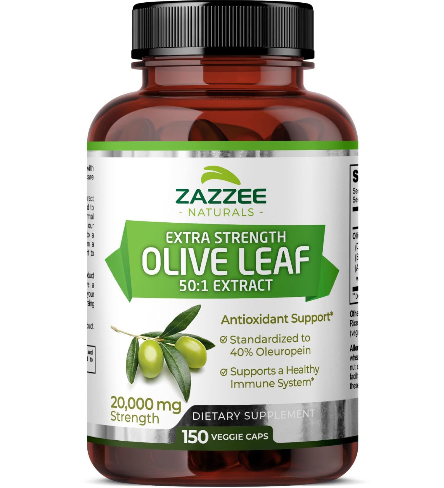 Zazzee Extra Strength Olive Leaf Extract 50:1 - 20 000 mg 40% Oleuropein 150 Vegan Capsules - Non-GMO All-Natural 5 Month Supply - Buy Online on GoSupps.com