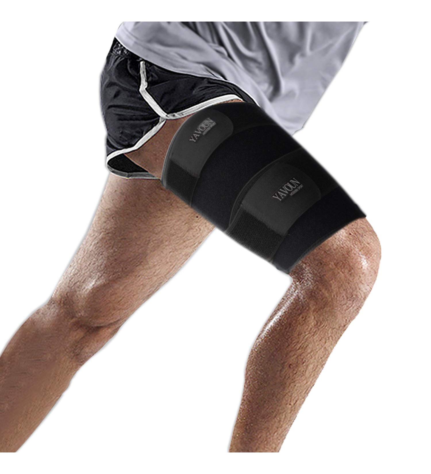 Thigh Compression Sleeve for Sports Injury Recovery - Adjustable Hamstring Wrap for Pulled Groin, Tendinitis, Quadricep - Men Women - Black - Buy Online on GoSupps.com