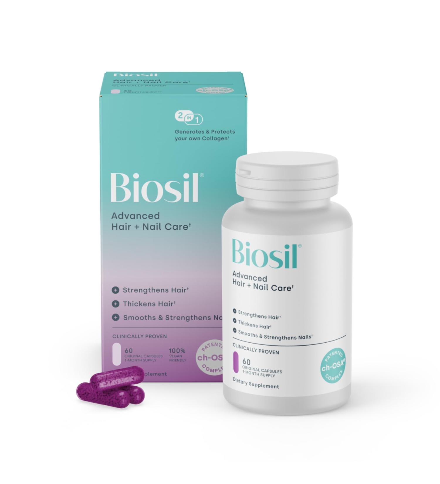 Biosil Advanced Hair + Nail Care - Growth Vitamins for Women - Strengthen & Thicken Strands - 60 Capsules - Patented ch-OSA - 30-Day Supply 60 Count (Pack of 1) - Buy Online on GoSupps.com