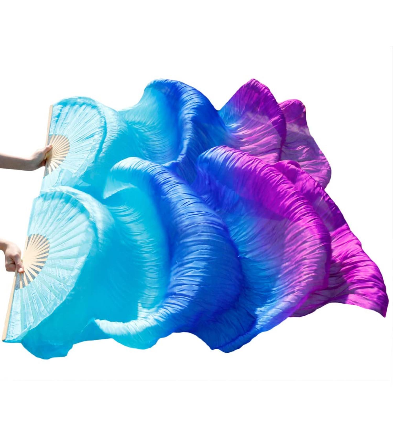 Nimiman Silk Belly Dance Fans - 1 Pair (Left+Right) - Turquoise Blue Purple - 180x90 cm - Buy Online on GoSupps.com