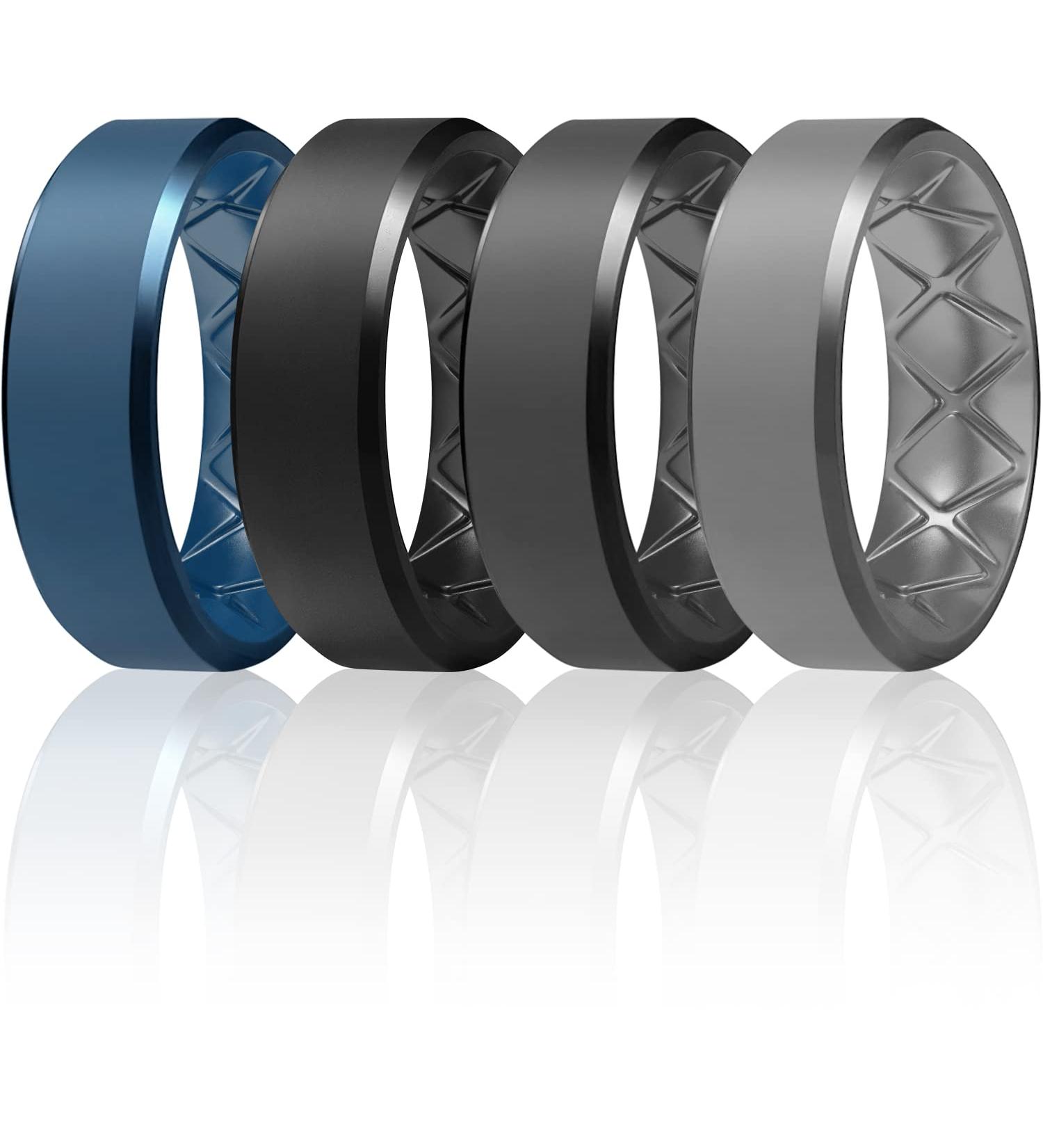 Egnaro Men's Silicone Wedding Ring Set - Inner Arc Ergonomic Design - Breathable Rubber Bands in Dark Blue, Black, Black Gray, and Dark Gray - 9mm Wide - Size 10 - Buy Online on GoSupps.com