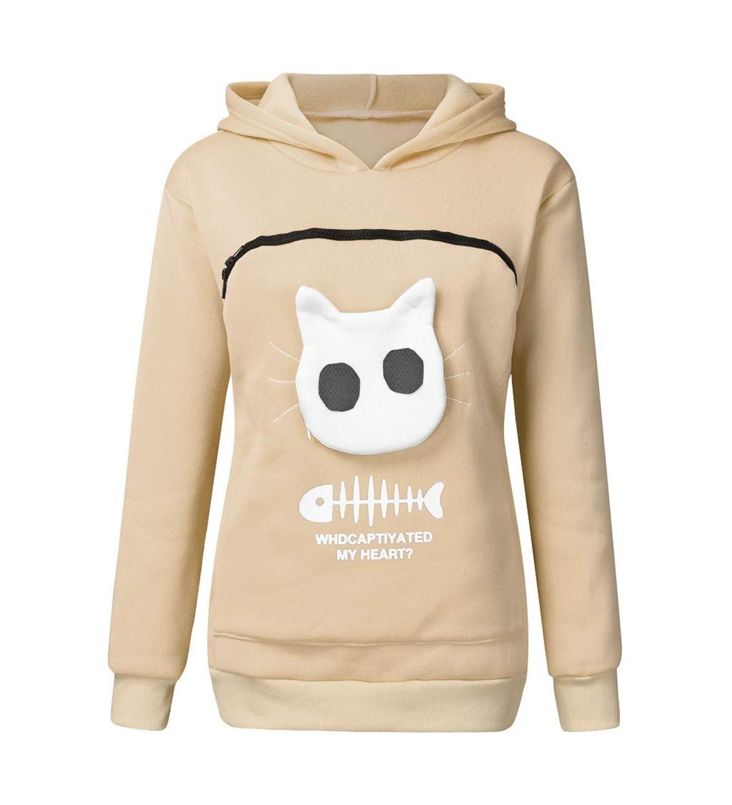 Womens Long-Sleeved Cat & Dog Hoodie Sweater with Big Zipper Bag - Warm Beige XL Perfect for Pet Lovers - Buy Online on GoSupps.com