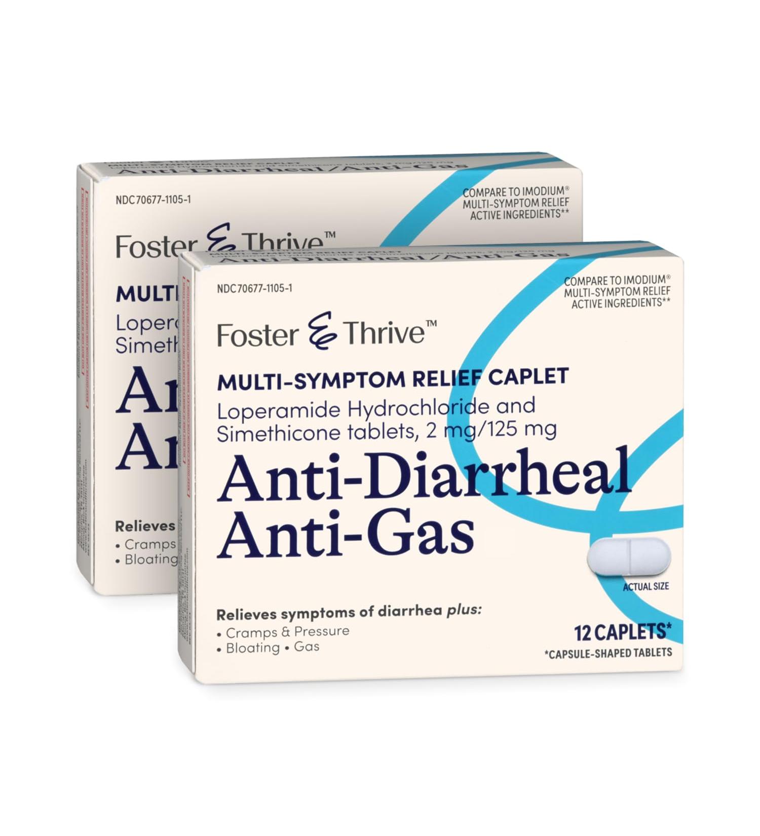 Foster & Thrive Anti-Diarrheal Anti-Gas Multi-Symptom Relief 24 Caplets with Loperamide Hydrochloride and Simethicone Treatment of Diarrhea Gas Bloating Cramps & Pressure 12 Caplets (Pack of 2) - Buy Online on GoSupps.com